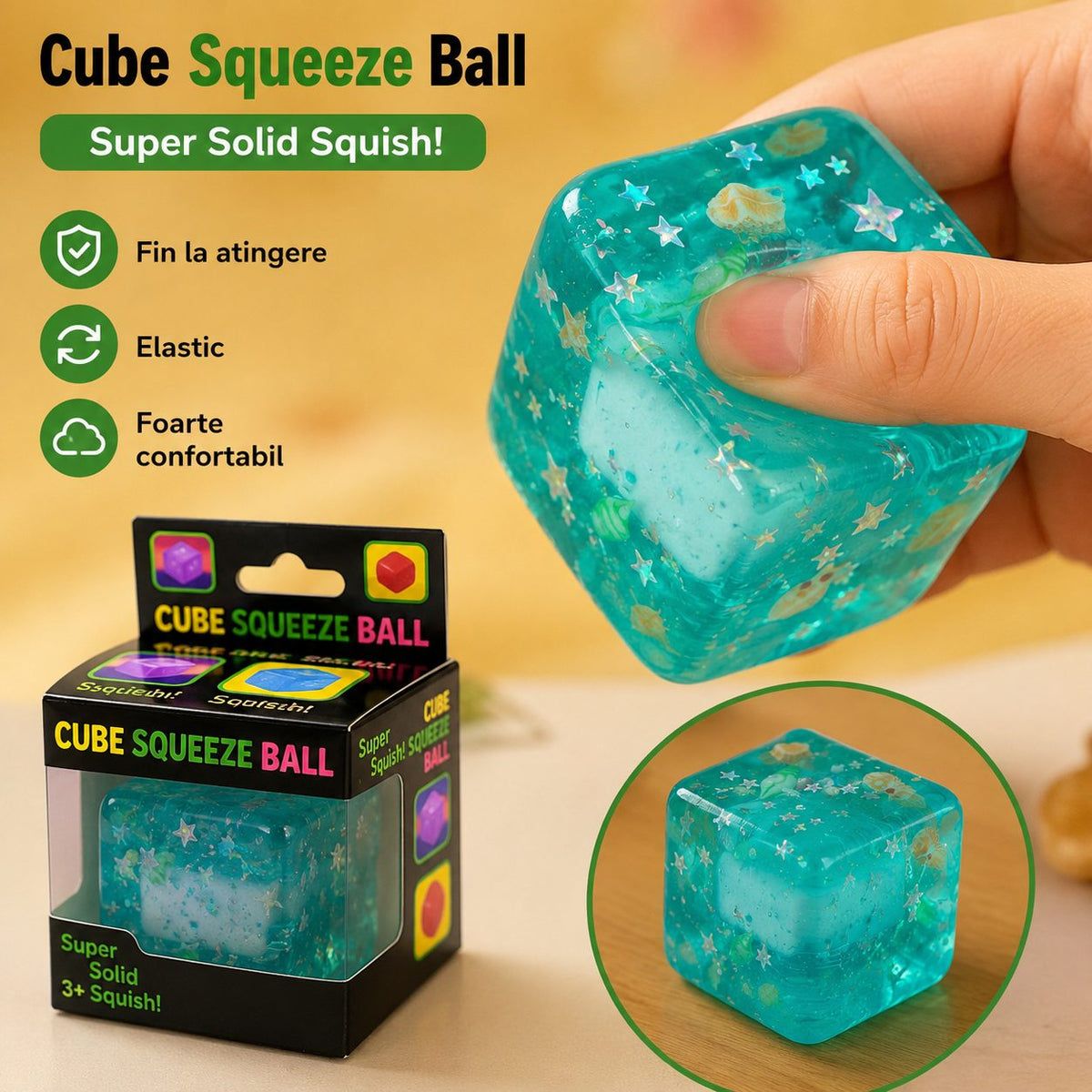 Jucarie Squishy Antistres, Cub Fidget 3D Ice Cube cu Stele Maritime, Revenire Lenta, TPR Elastic, 3x3 cm, Verde