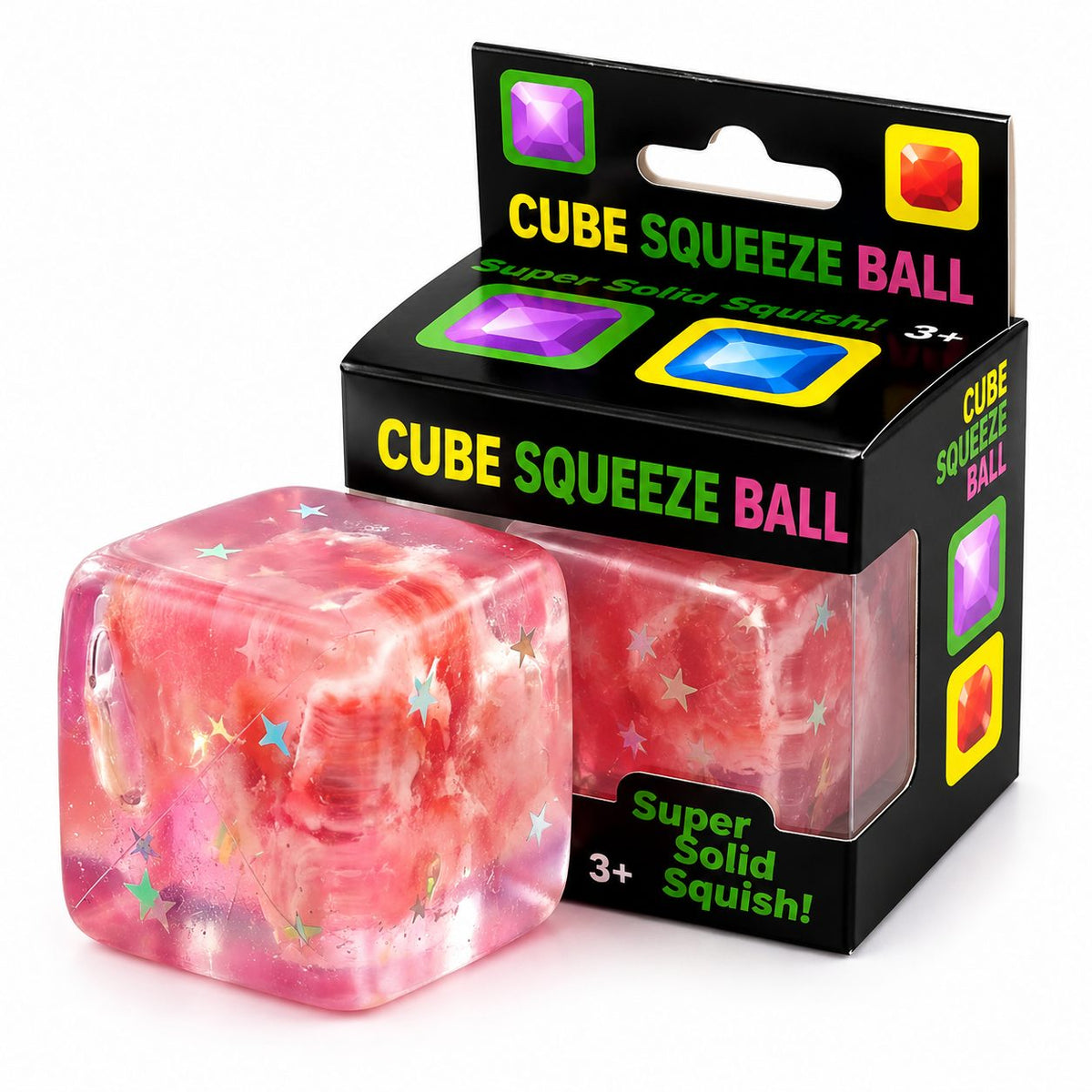 Needoh Jucarie Squishy, Cub Antistres Senzorial cu Revenire Lenta, Termoplastic TPE, 4.5x4.5x4.5 cm, Roz cu Stele Maritime