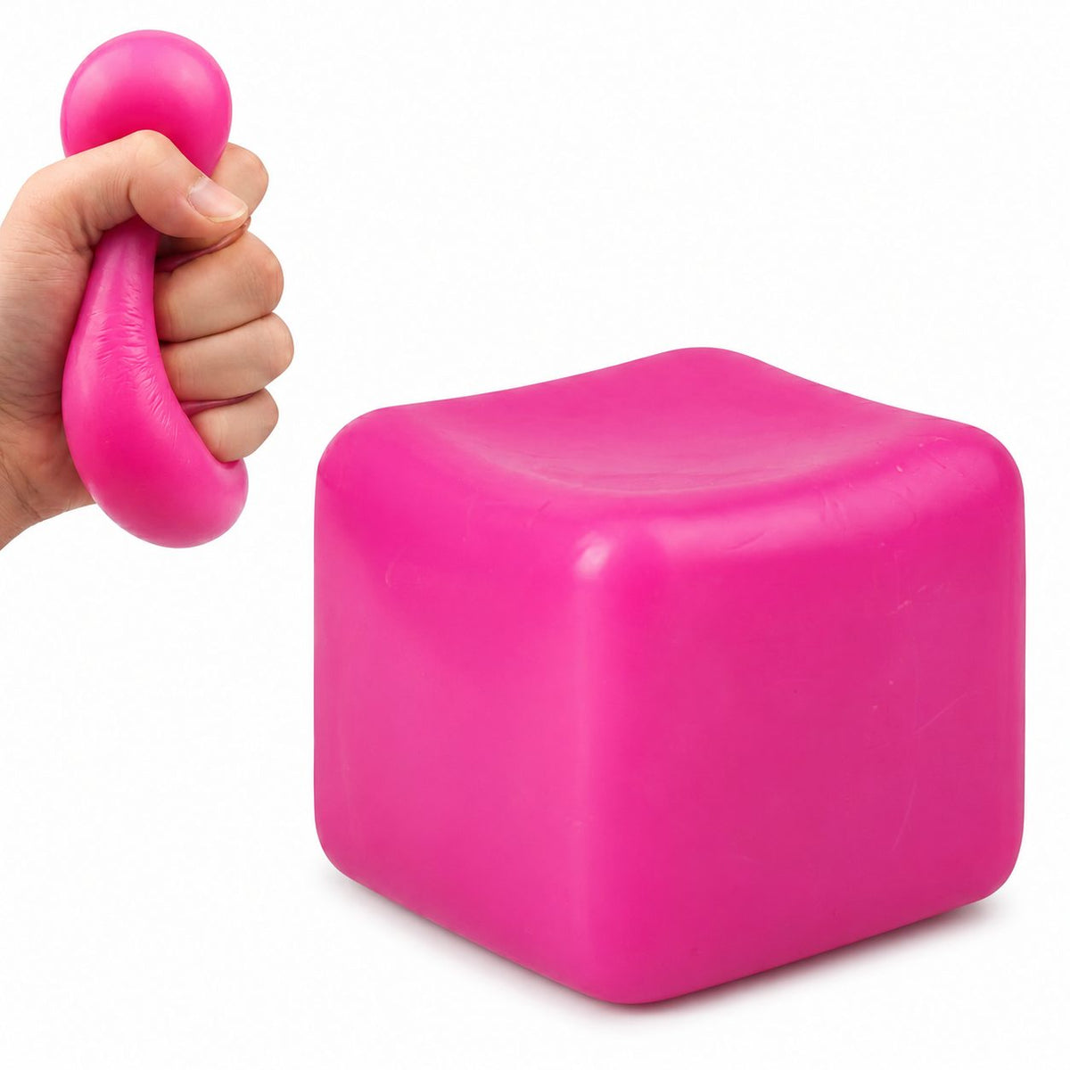 Jucarie Squishy Needoh, Cub Antistres Senzorial cu Revenire Lenta, TPE, 4.5x4.5x4.5 cm, 110 g, Roz Neon