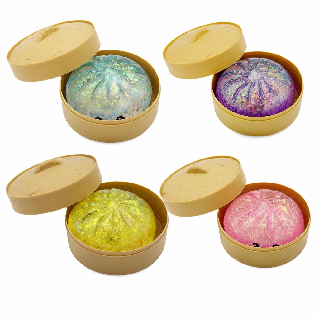 Jucarie Squishy Antistres, Model Dumpling cu Sclipici, Revenire Lenta, Termoplastic, 6.5 x 6.5 cm, Culoare Mix Surpriza