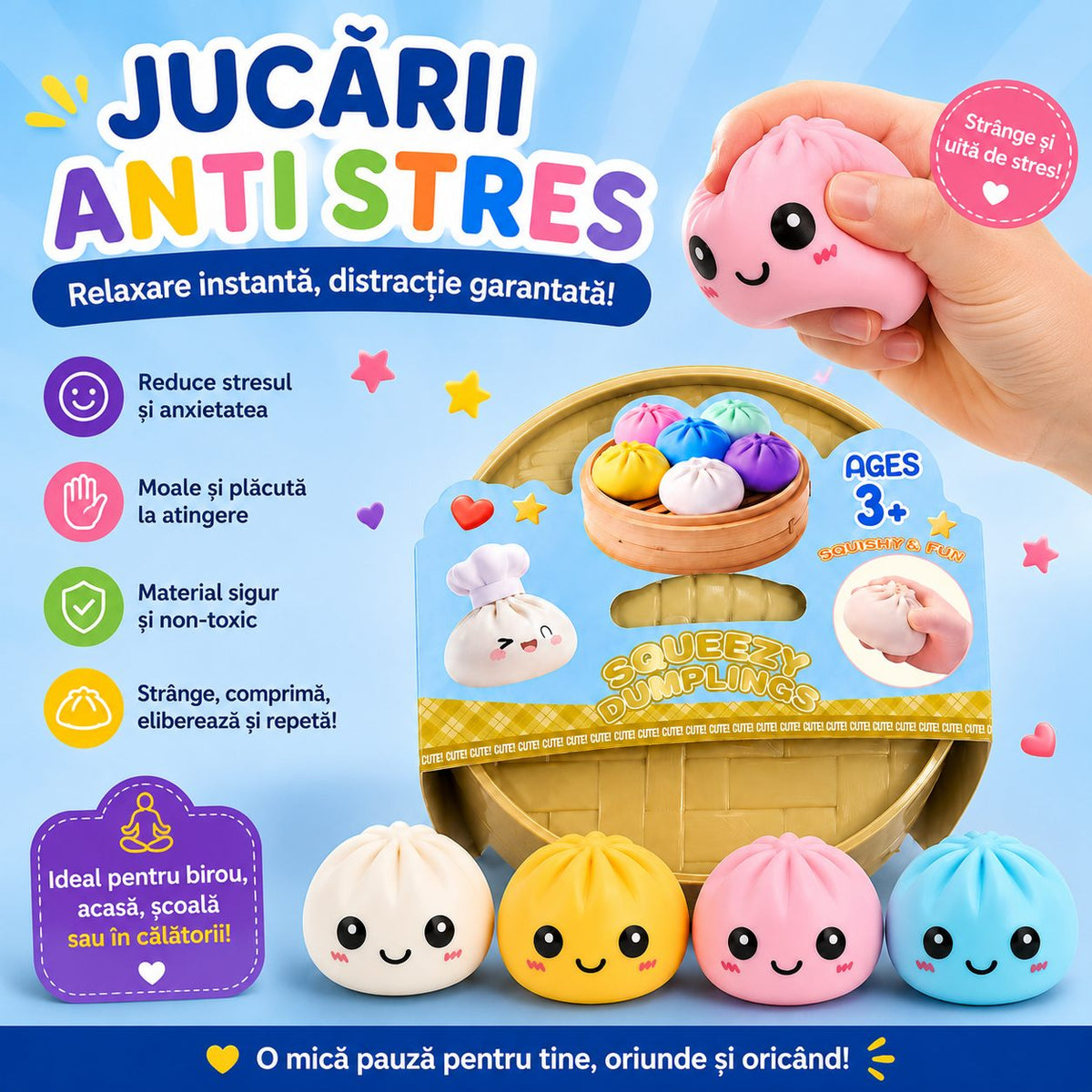 Jucarie Senzoriala Antistres, Model Dumpling Squishy, Textura Moale, Silicon Si Plastic, 5 cm, Culoare Aleatorie