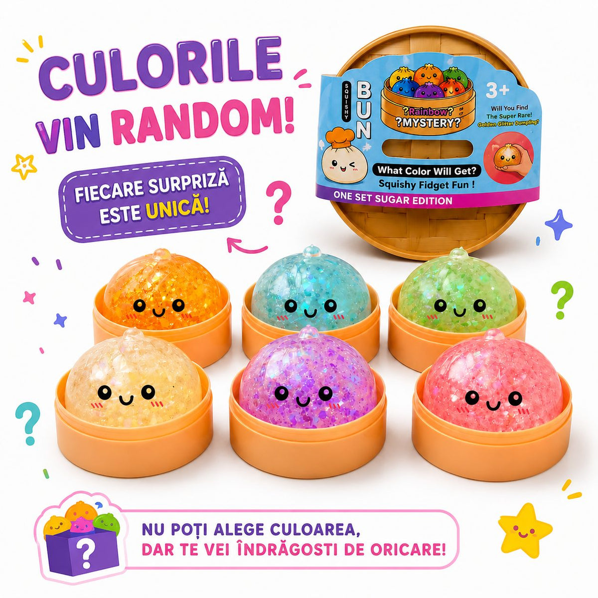 Jucarie Antistres Squishy Dumpling, Design Kawaii cu Efect Glitter, Silicon si Plastic, 5 cm, Culoare Aleatorie