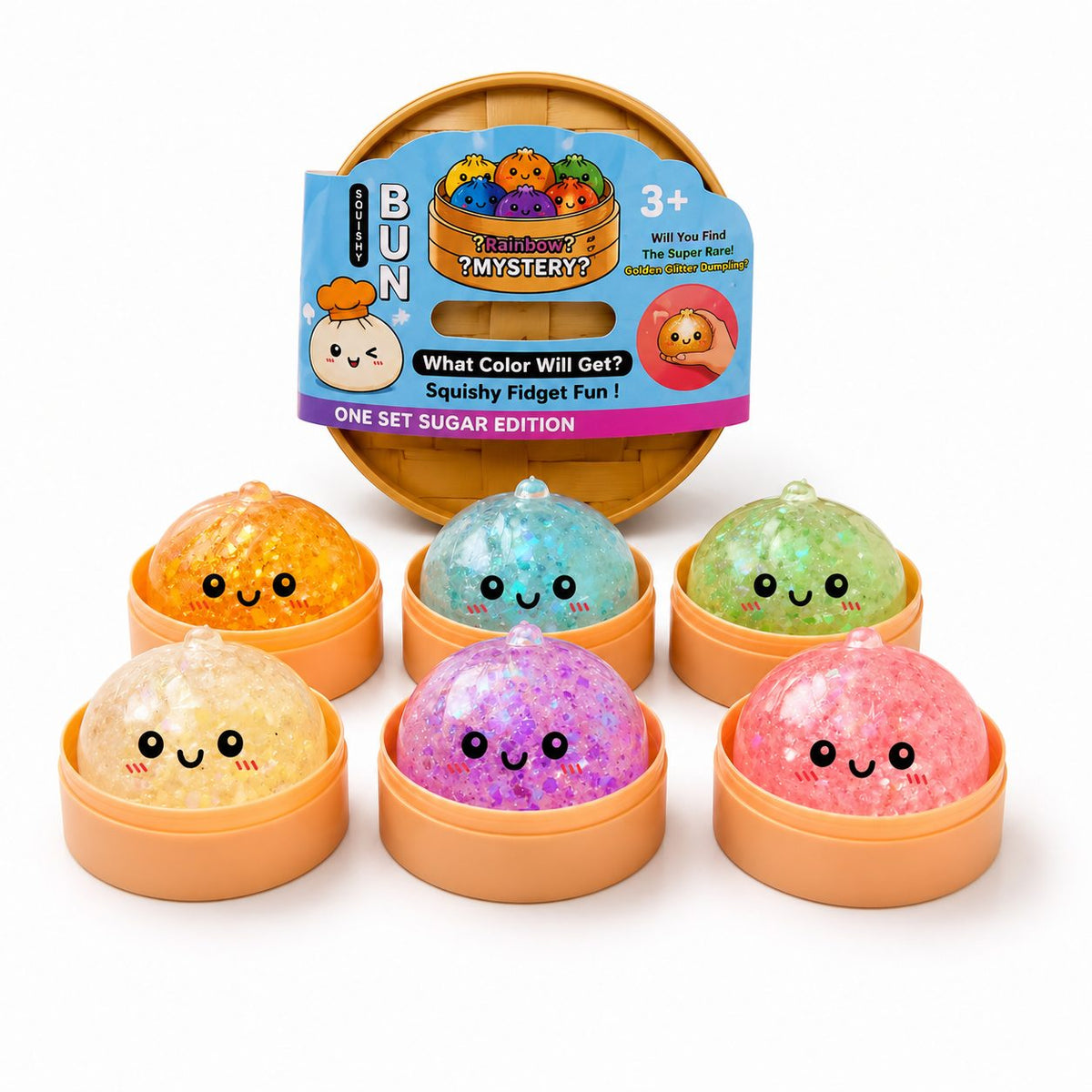 Jucarie Antistres Squishy Dumpling, Design Kawaii cu Efect Glitter, Silicon si Plastic, 5 cm, Culoare Aleatorie