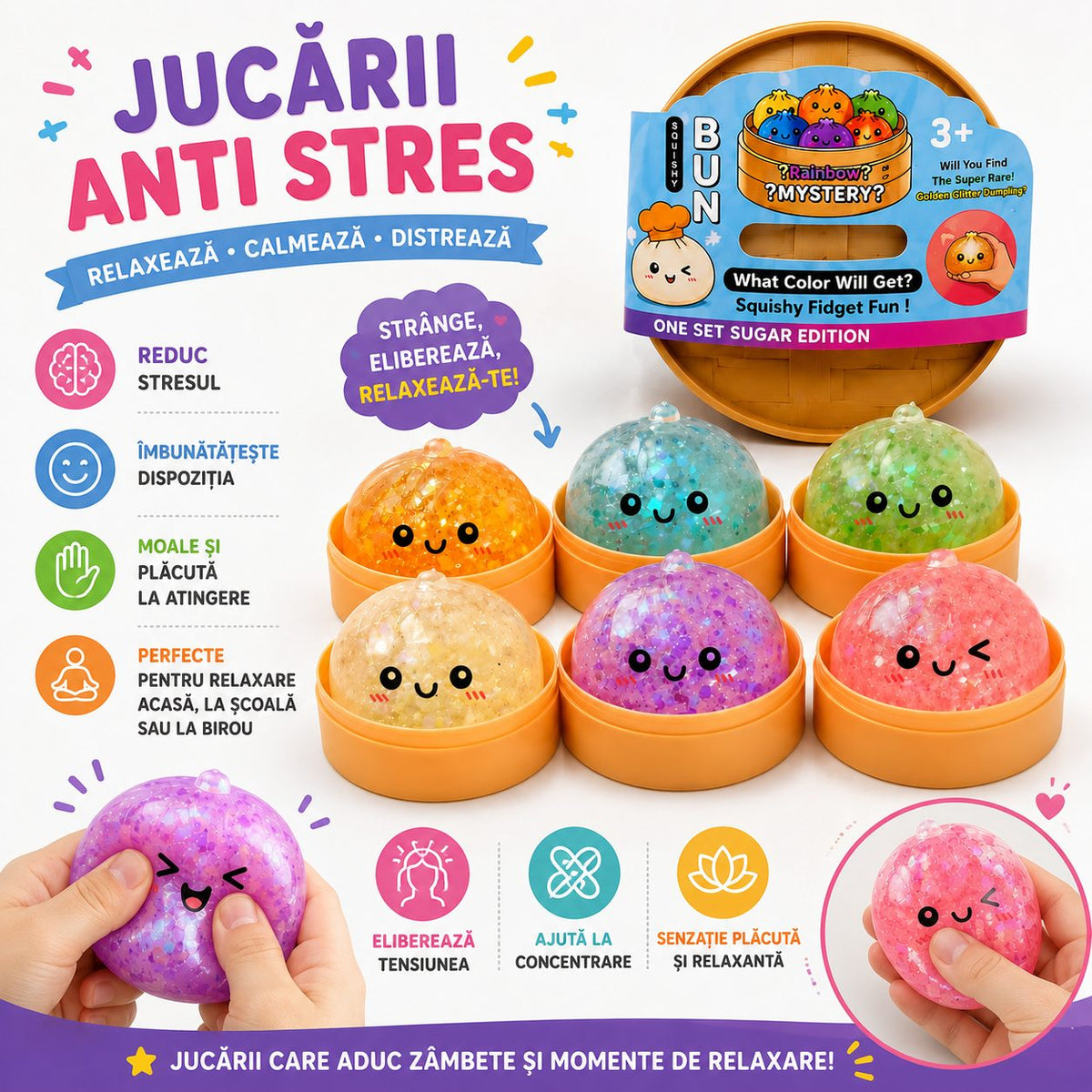 Jucarie Antistres Squishy Dumpling, Design Kawaii cu Efect Glitter, Silicon si Plastic, 5 cm, Culoare Aleatorie