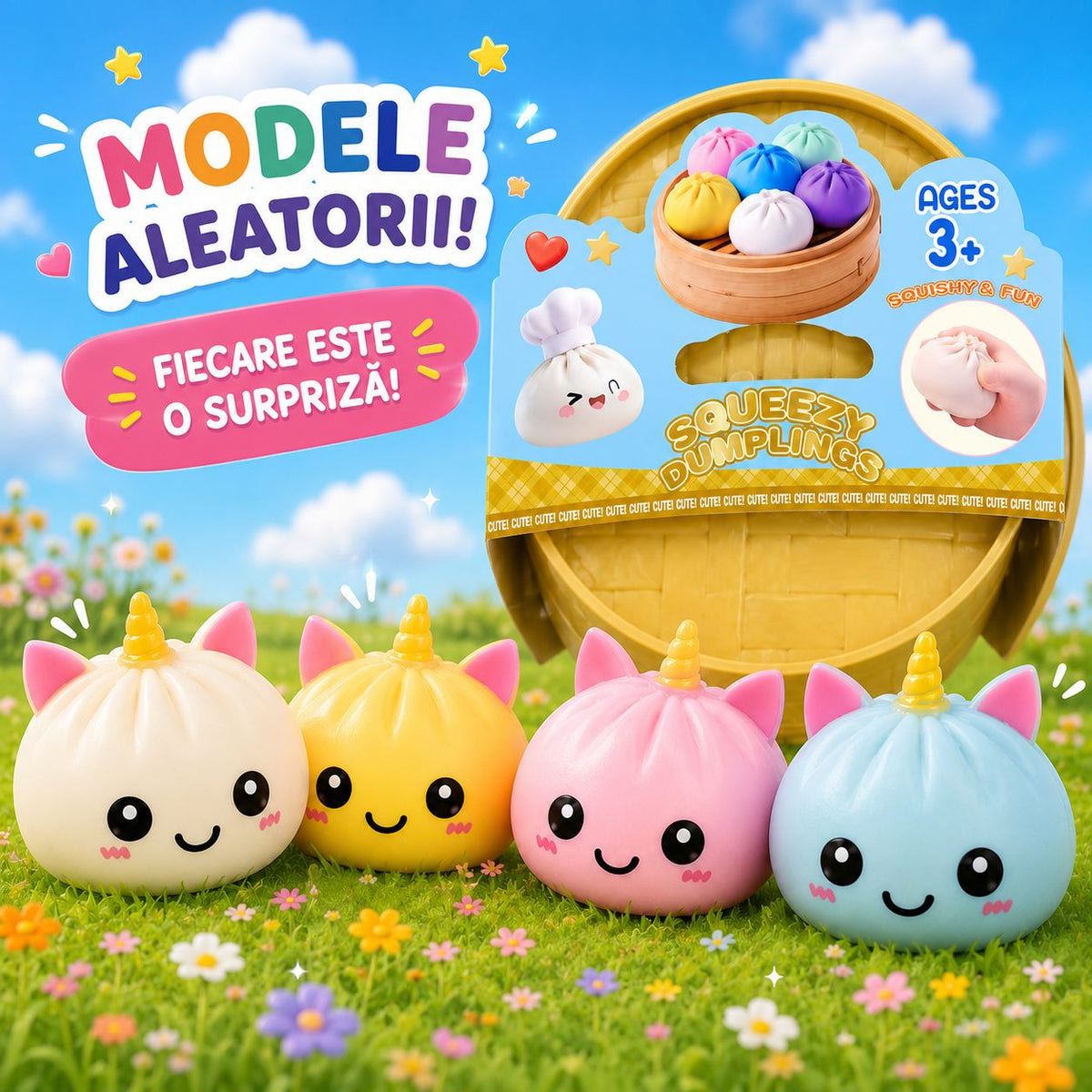 Jucarie Senzoriala Antistres Squishy, Model Dumpling Unicorn, Textura Moale, Silicon Si Plastic, 8.5 cm, Culoare Random