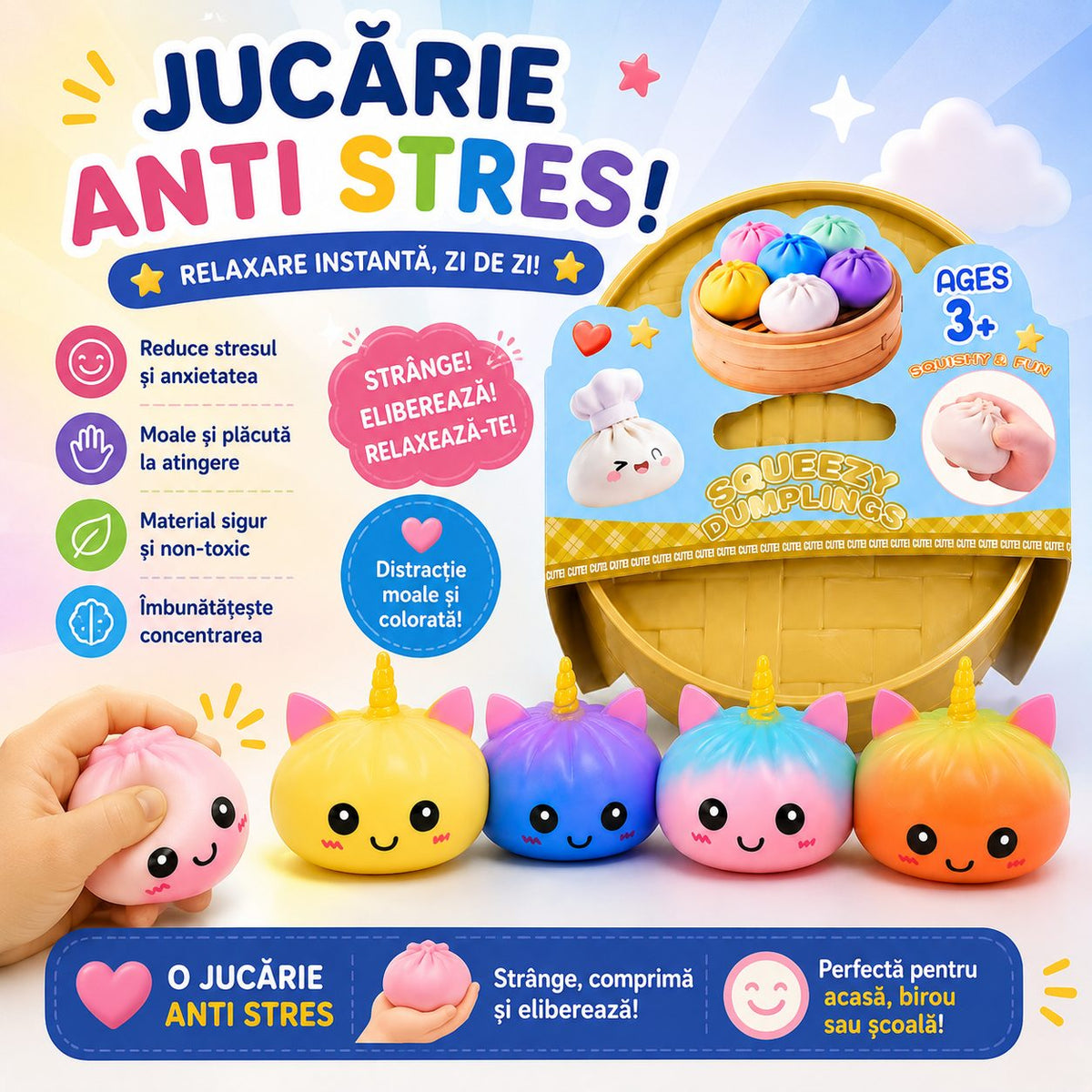 Jucarie Senzoriala Antistres Squishy, Model Dumpling Unicorn, Textura Moale, Silicon Si Plastic, 8.5 cm, Culoare Random