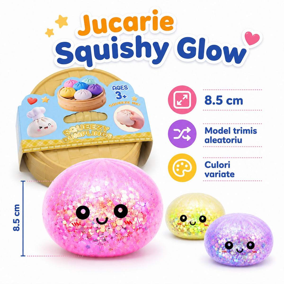 Jucarie Dumpling Squishy, Antistres Interactiv Senzorial, Silicon, 8.5 cm, Culori Diverse