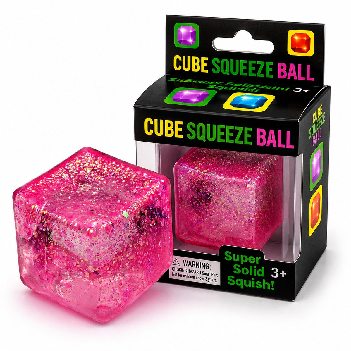 Jucarie Squishy Antistres Cub Fidget 3D, Magic Glitter Ice Cube Revenire Lenta, TPR cu Maltoza, 5 cm, 140 g, Roz