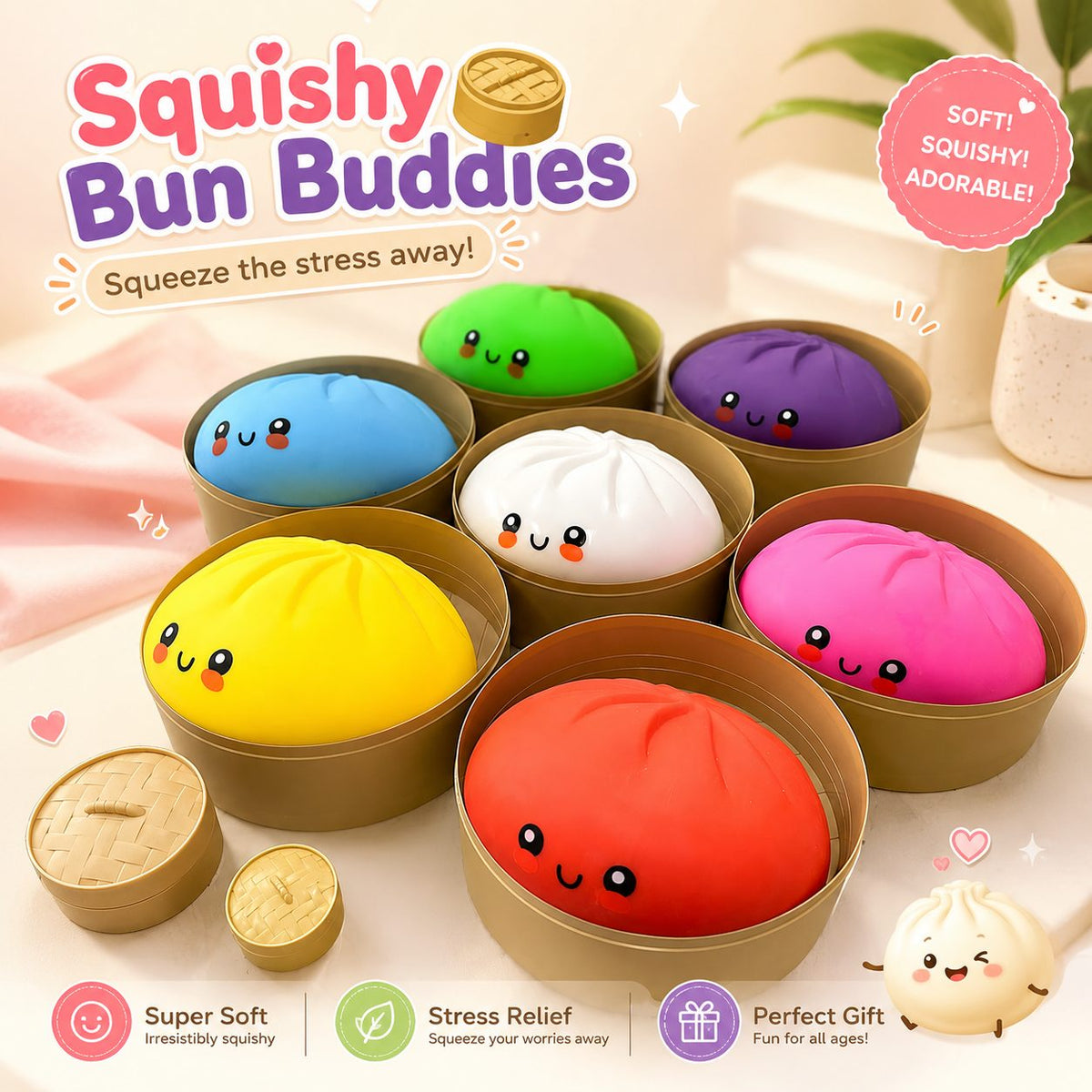 Jucarie Squishy Antistres, Set Design Kawaii Baozi cu Cos De Aburi, Silicon, 7-Pack, Culori Diverse