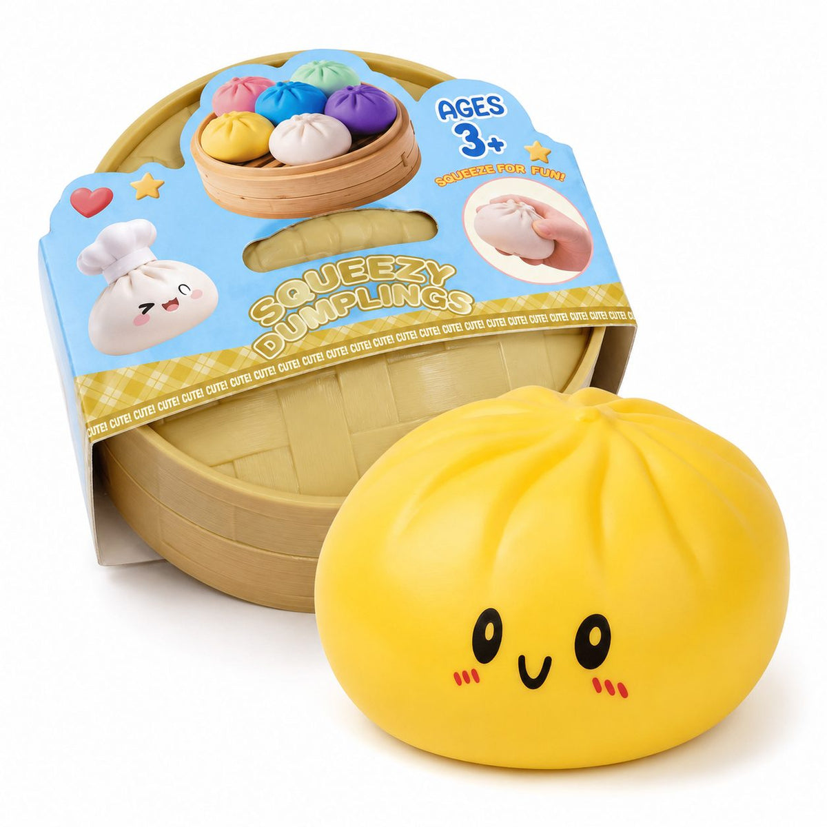 Jucarie Antistres Squishy Dumpling, Model Fata Zambitoare Slow-Rise, Spuma Poliuretanica, 25 cm, 1000 g, Galben