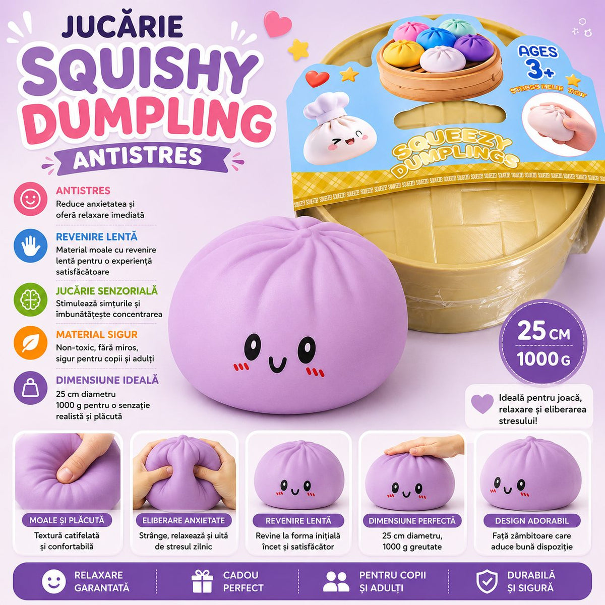 Jucarie Antistres Squishy Dumpling, Galusca Gigant Slow-Rise, Spuma Poliuretanica, 25 cm, 1000 g, Mov