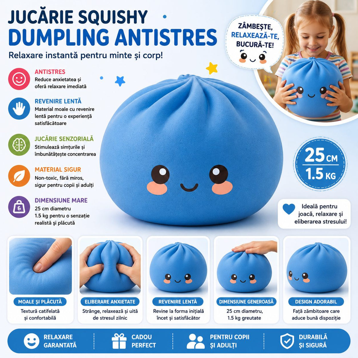 Jucarie Antistres Squishy Dumpling, Model Fata Zimbitoare, Revenire Lenta, Spuma Poliuretanica, 25 cm, 1.5 kg, Albastru