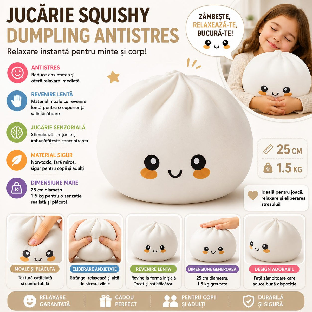 Jucarie Squishy Dumpling Antistres, Revenire Lenta cu Fata Zimbitoare, Spuma Termoplastica, 25 cm, 1.5 kg, Alb