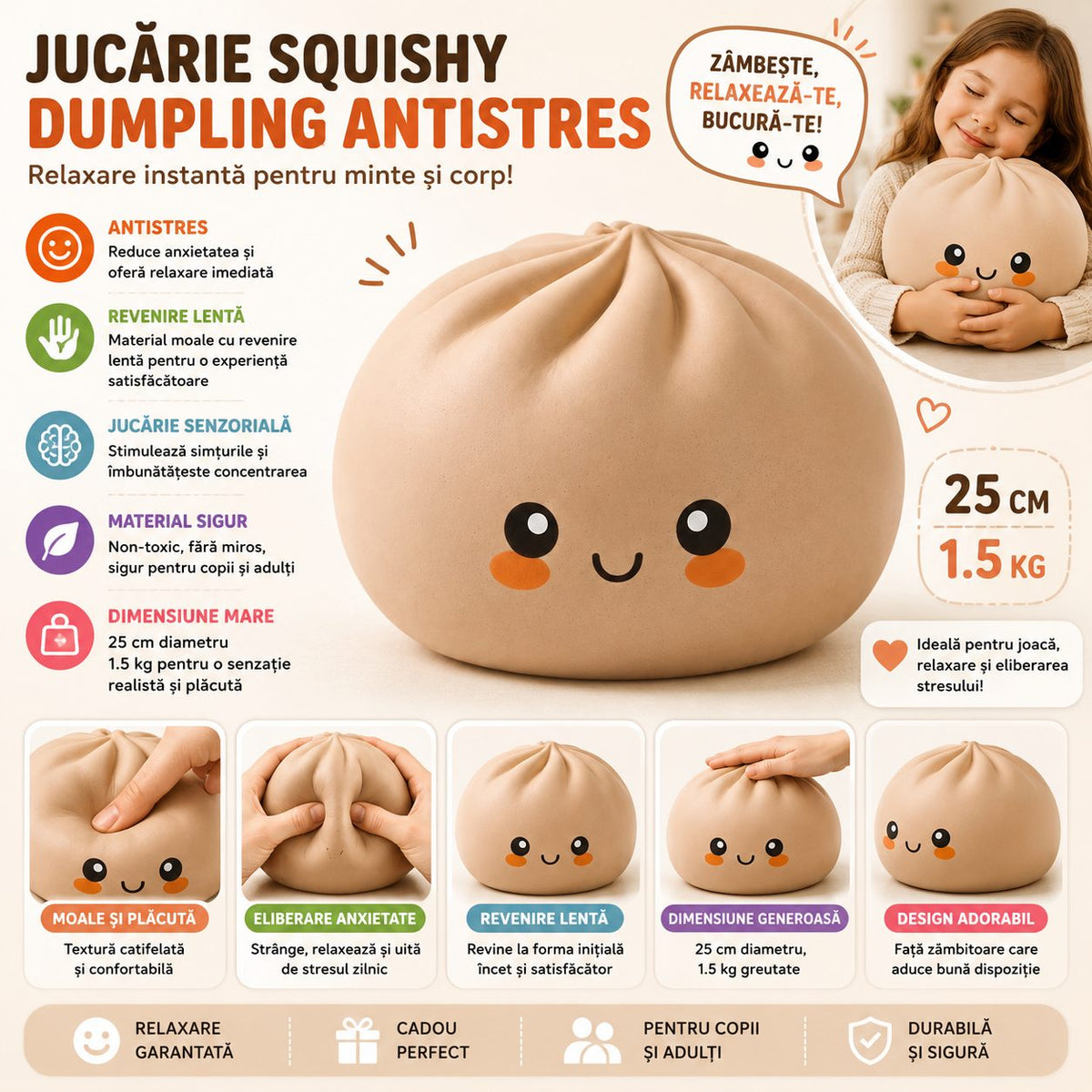 Jucarie Antistres Squishy Dumpling, Model Fata Zimbitoare, Spuma Poliuretanica Slow-Rise, 25 cm, 1.5 kg, Portocaliu