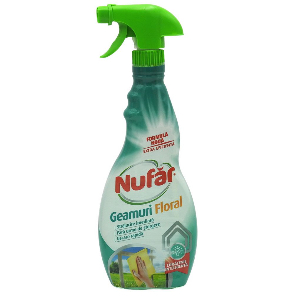 Nufar Solutie Curatare Geamuri si Suprafete Vitrate, Efect Anti-Aburire, Pulverizator Tip Spray, Parfum Floral, 500 ml