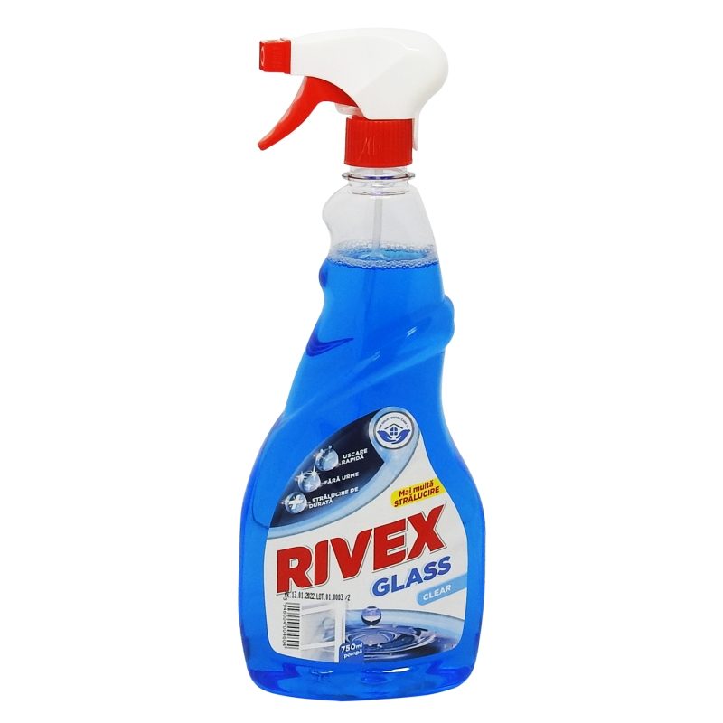 Rivex Solutie Pentru Curatat Geamuri Si Suprafete Vitrate, Formula Clear Anti-Urme, Recipient Cu Pulverizator, 750 ml