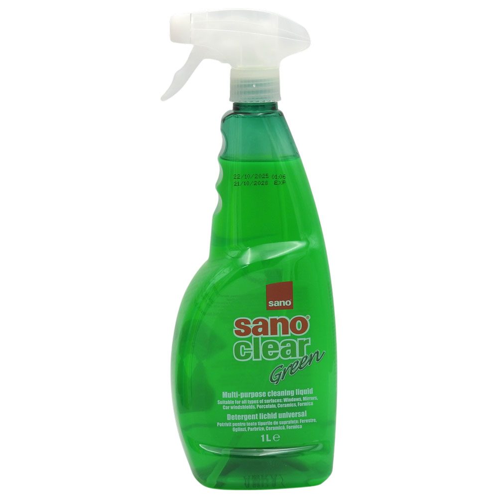Sano Soluție Curățare Geamuri și Suprafețe Vitrate, Rezervă cu Parfum de Mentă, Recipient Plastic, 1 L, Green