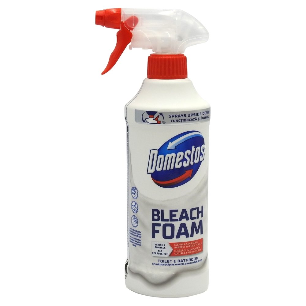 Domestos Spray Spumă de Curățat pentru Baie, Dezinfectant cu Înălbitor, Efect Anticalcar și Igienizant, 435 ml