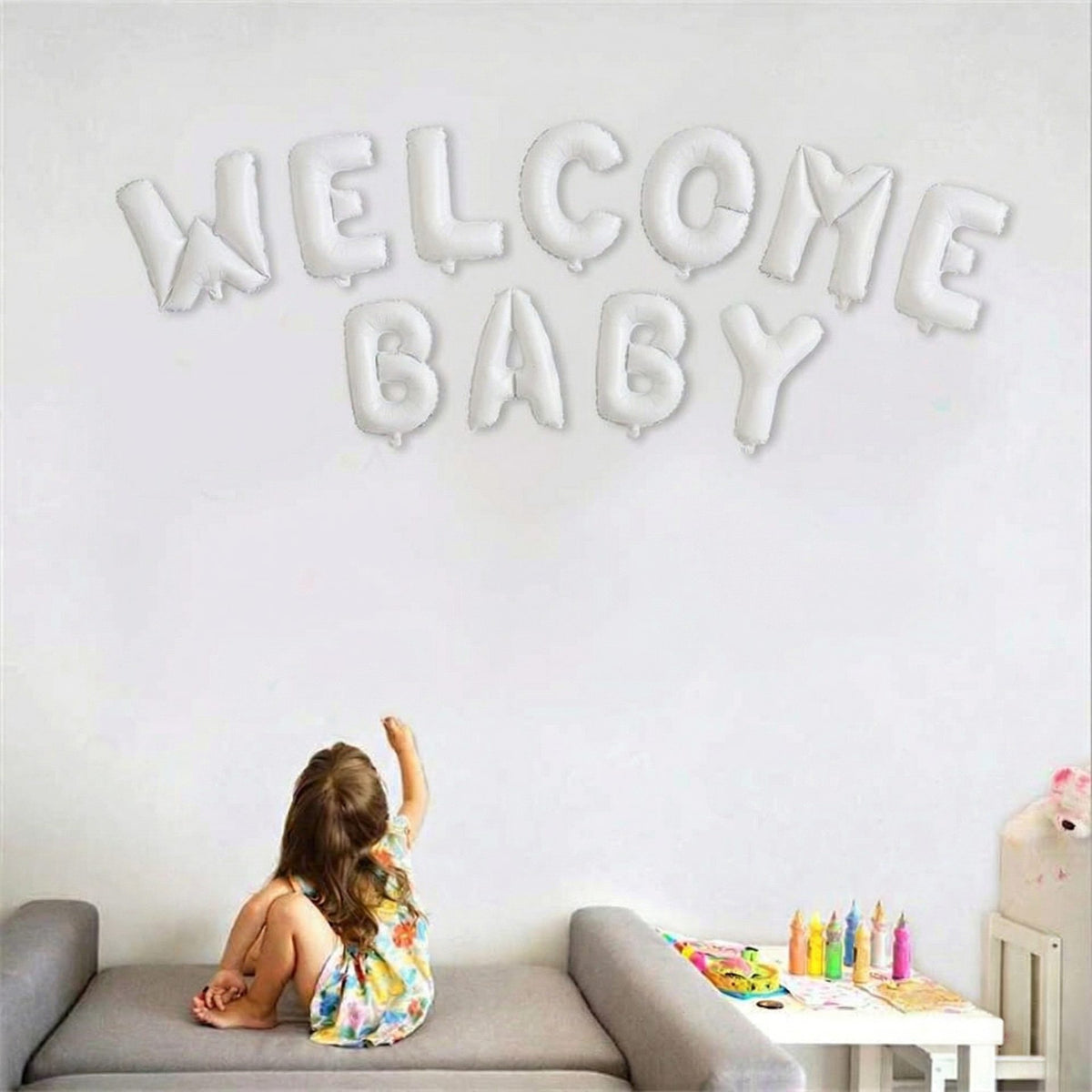 Set Baloane Welcome Baby, Litere din Folie Metalizata pentru Botez si Baby Shower, Umflare Aer sau Heliu, Aluminiu, 40 cm, 11 Piese, Alb