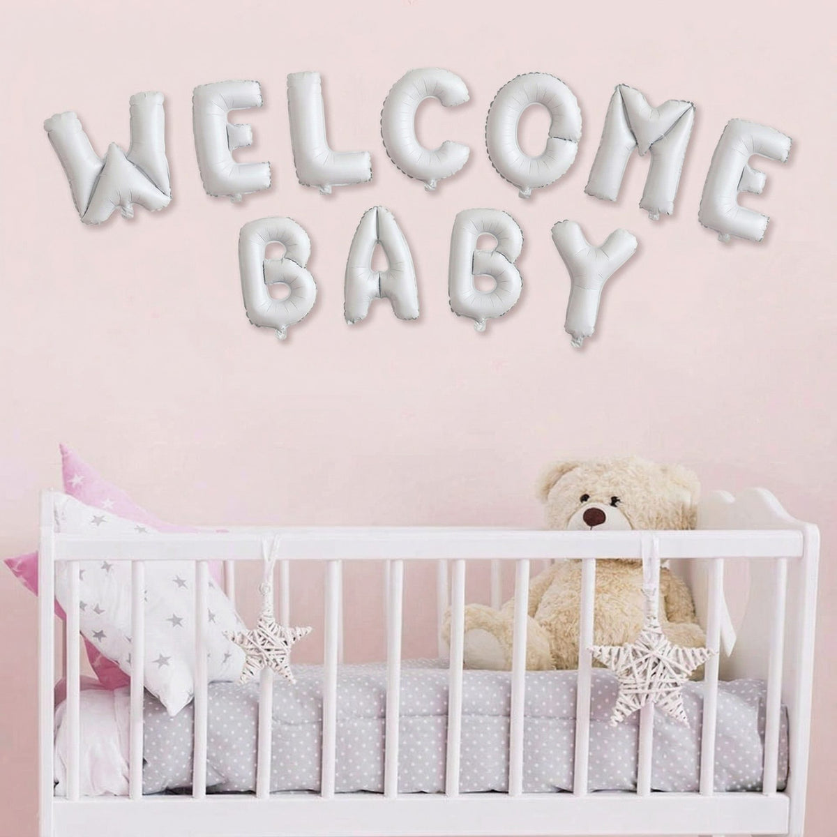 Set Baloane Welcome Baby, Litere din Folie Metalizata pentru Botez si Baby Shower, Umflare Aer sau Heliu, Aluminiu, 40 cm, 11 Piese, Alb