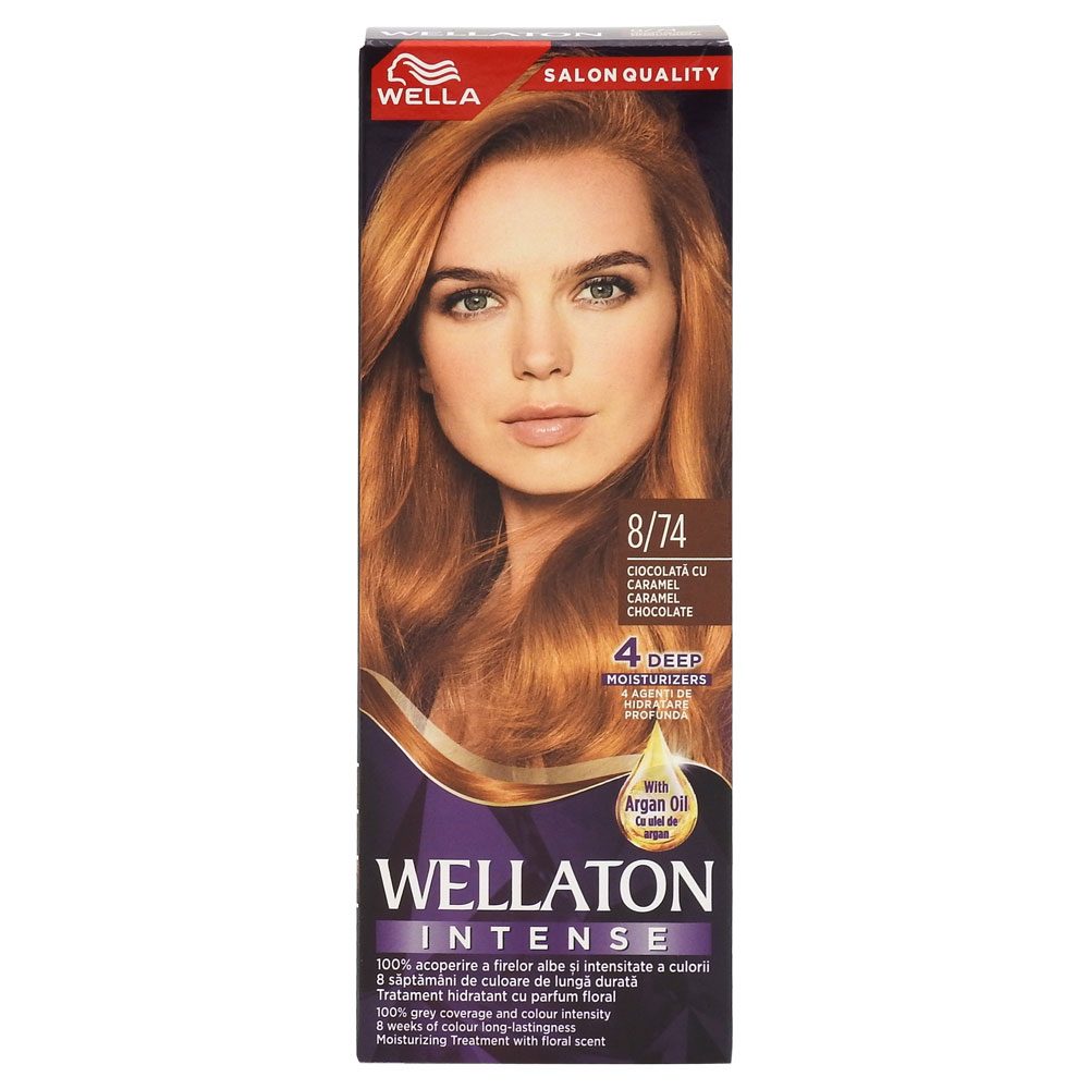 Vopsea de Par Permanenta Wellaton, Formula Intense Color cu Ser cu Nutrienti, Acoperire 100% Fire Albe, Nuanta 8/74 Caramel