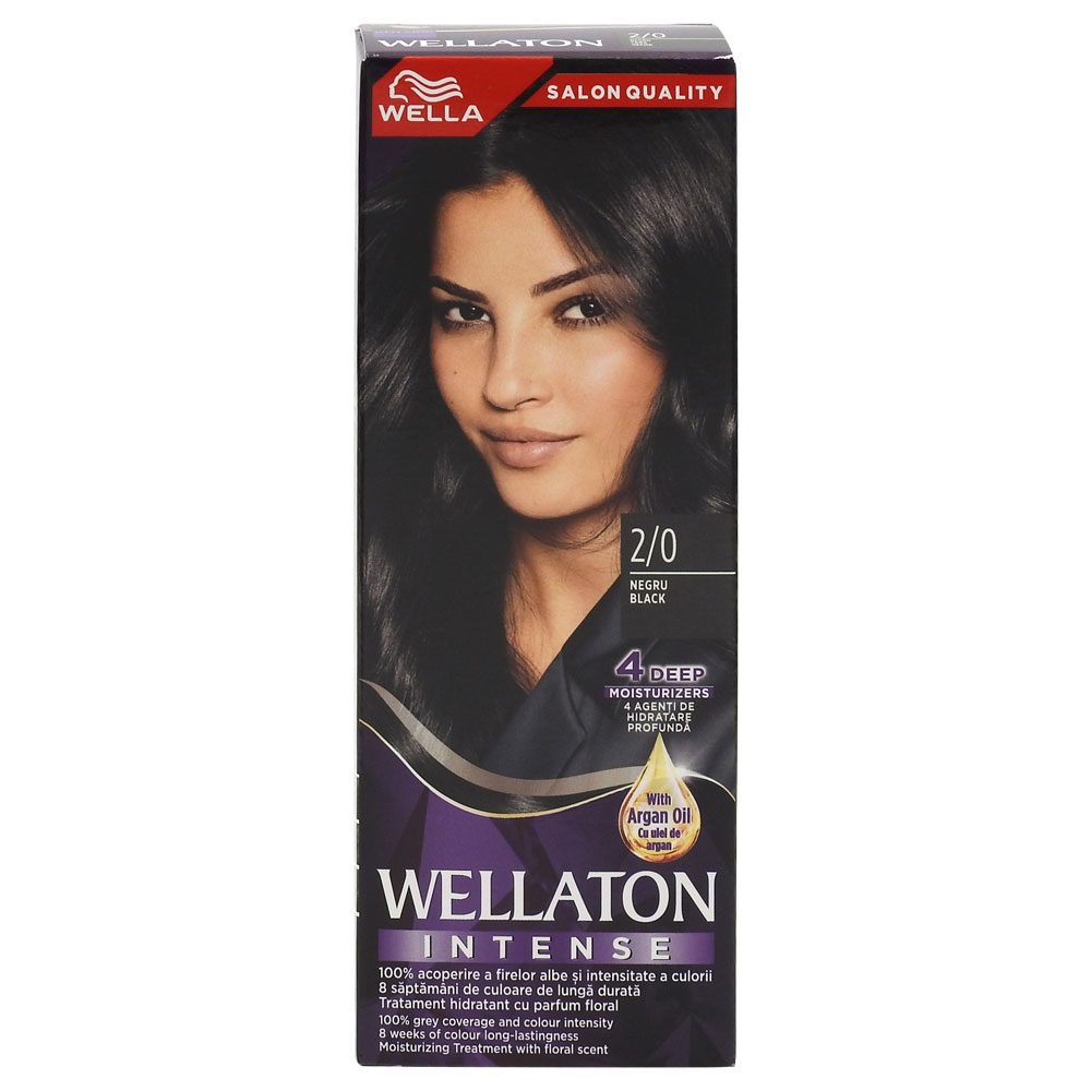 Wellaton Vopsea de Par Cremă, Colorare Permanentă cu Protecție Împotriva Deteriorării, Hidratare Intensă, Nuanța 2/0 Negru