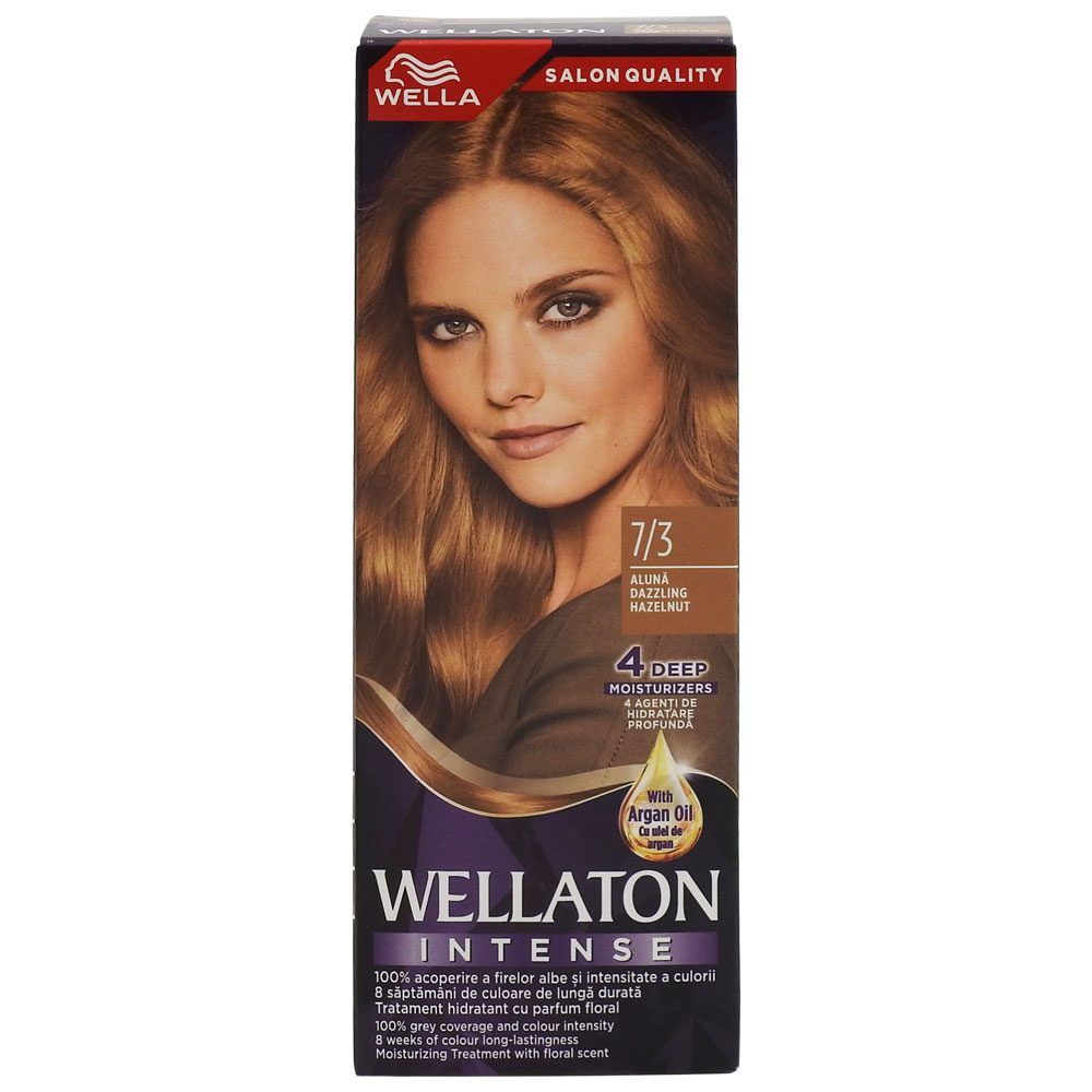 Vopsea de Par Permanenta Wellaton, Crema Coloranta Hidratanta, Acoperire 100% Fire Albe, Nuanta 7/3 Aluna