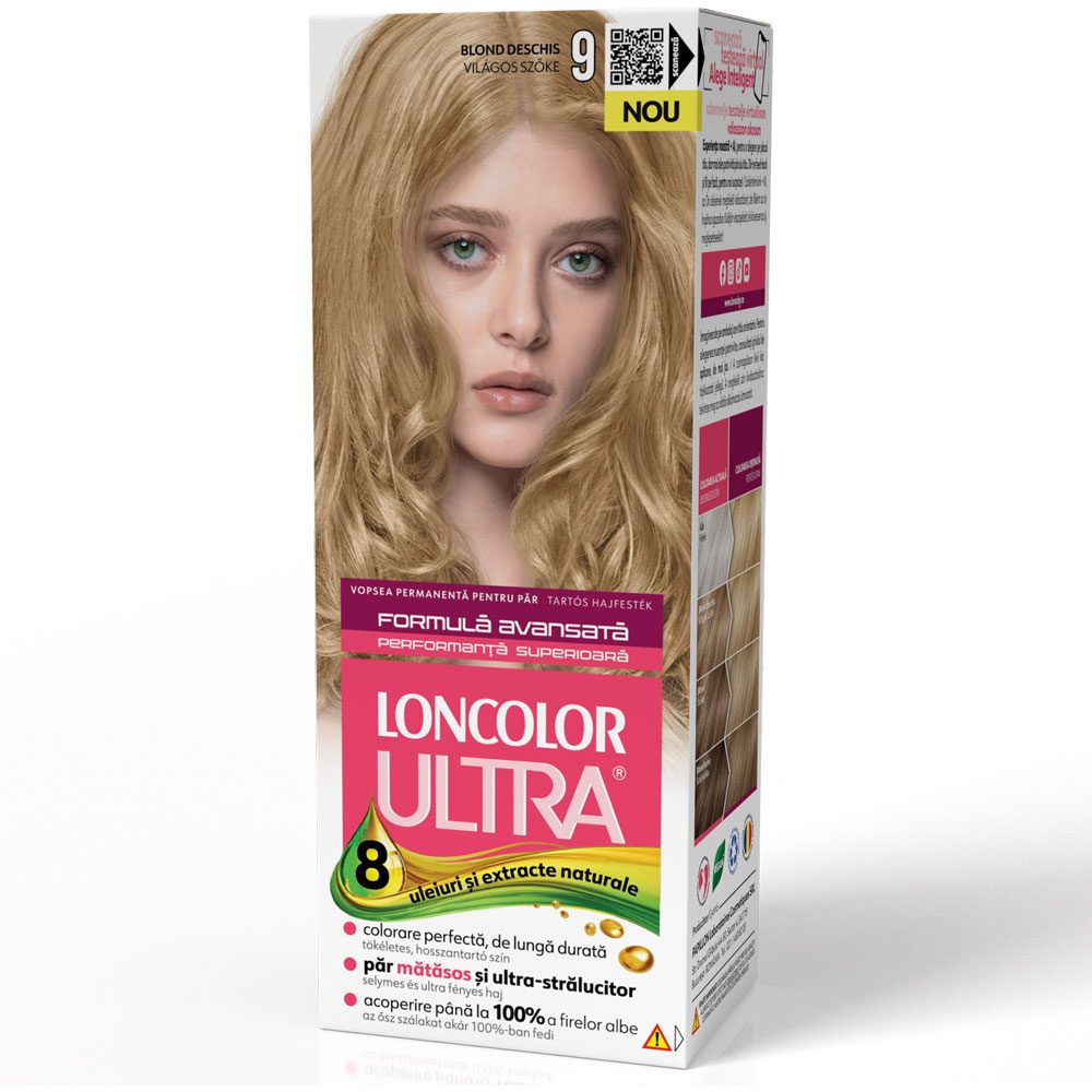 Loncolor Ultra Vopsea pentru Par Permanenta, Formula cu Ulei de Migdale si Proteine din Grau, Nuanta 9 Blond Deschis