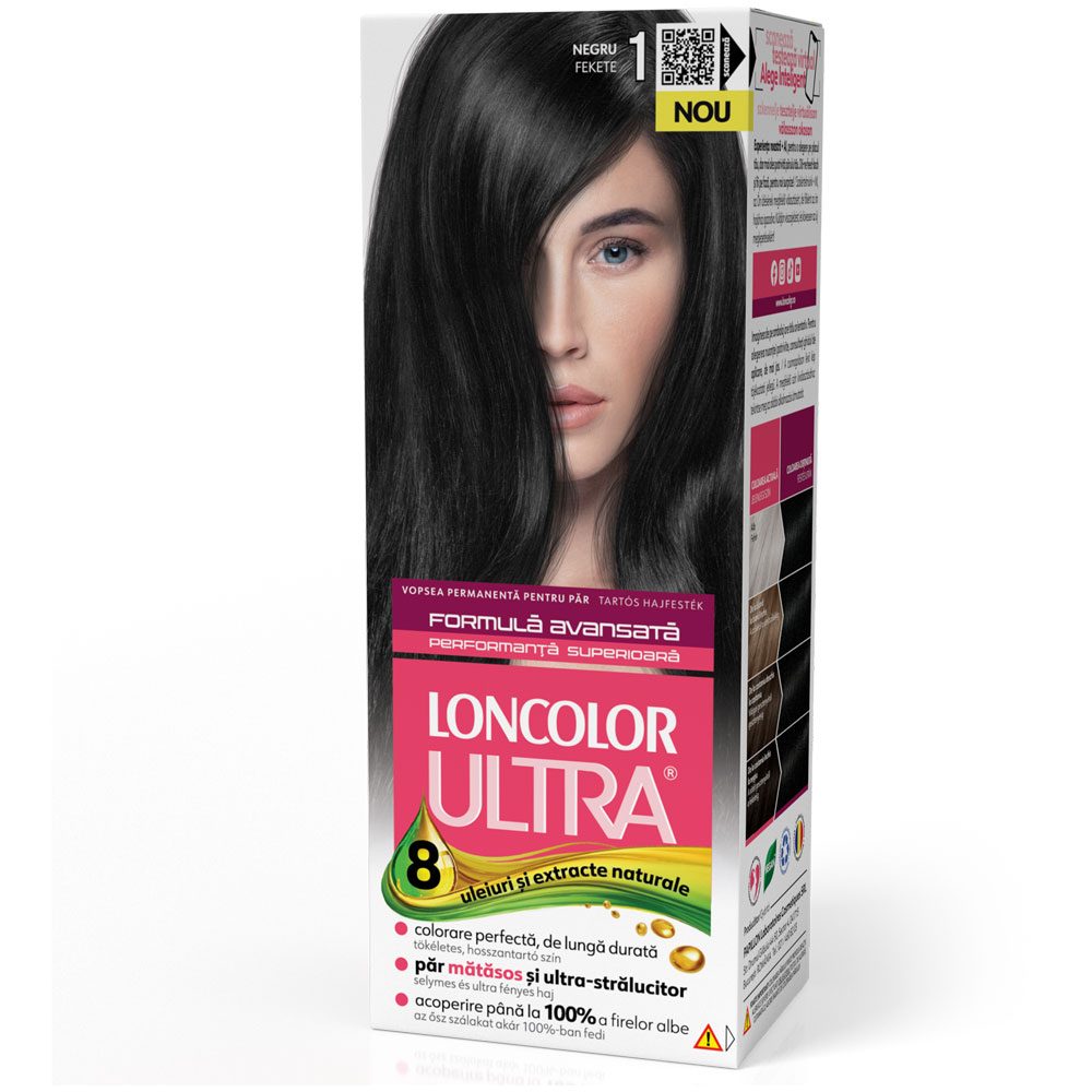 Loncolor Ultra Vopsea de Par Permanenta, Formula cu Ulei de Migdale si Keratina, 1 Negru