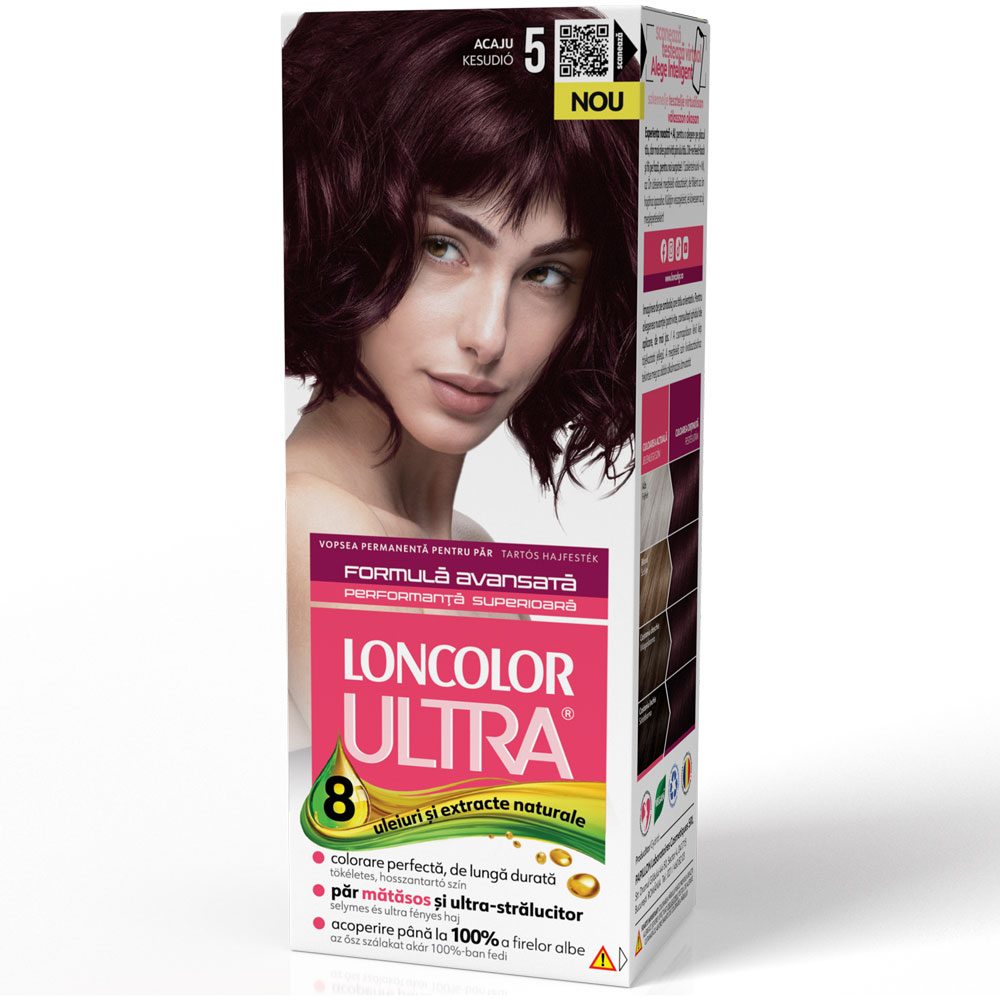 Loncolor Ultra Vopsea Pentru Par, Colorare Permanenta Cu Ulei De Migdale Si Proteine Din Grau, Nuanta 5 Acaju