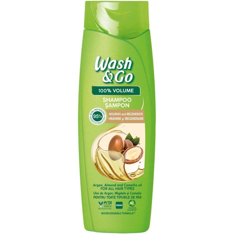 Sampon Wash & Go, Hidratare Cu Mix De Uleiuri Esentiale, Formula 100% Volum, Pentru Par Uscat, 360 ml