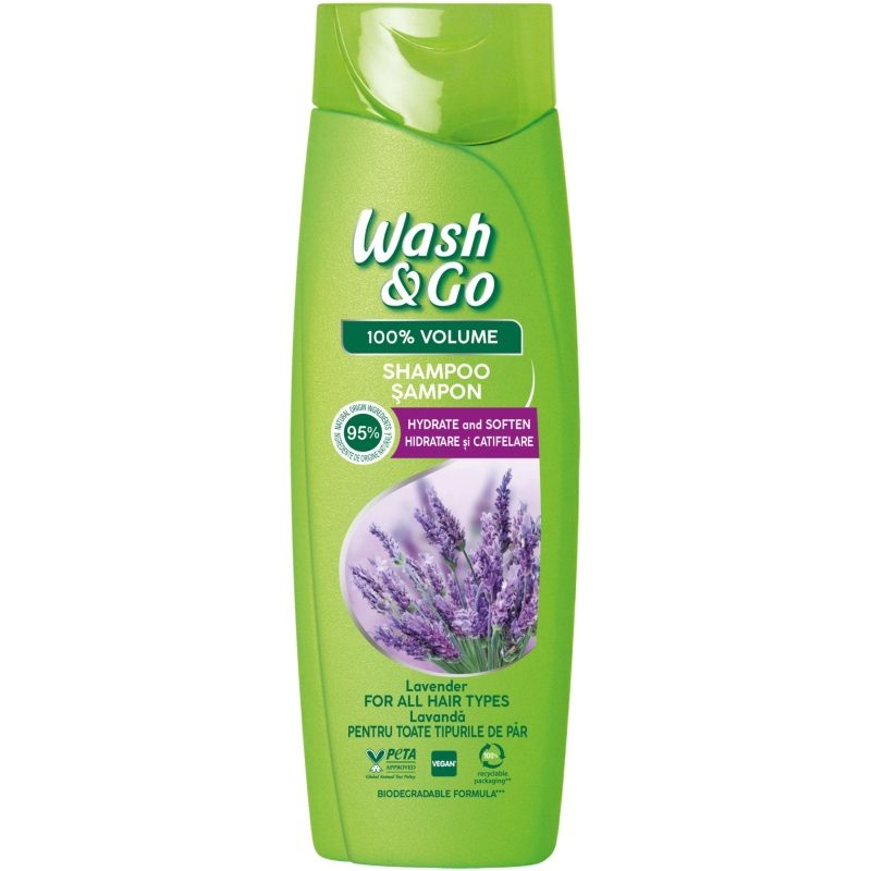 Wash & Go Sampon Hidratant Cu Extract De Lavanda, Formula 100% Volum, Pentru Par Normal, 360 ml
