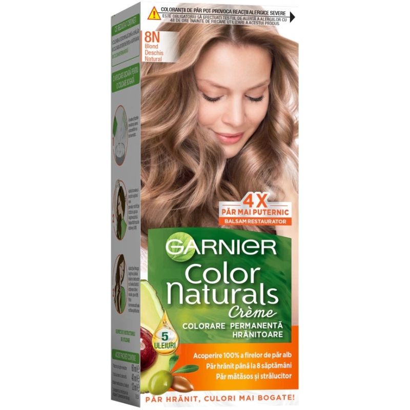 Garnier Color Naturals Vopsea de Par Permanenta, Formula cu 3 Uleiuri Nutritive, Acoperire 100% Fire Albe, 8N Blond Deschis Natural