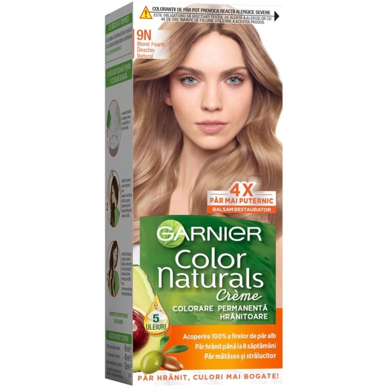 Garnier Color Naturals Vopsea de Par Permanenta, Formula cu 3 Uleiuri Nutritive, Acoperire 100% Fire Albe, 9N Blond Foarte Deschis Natural