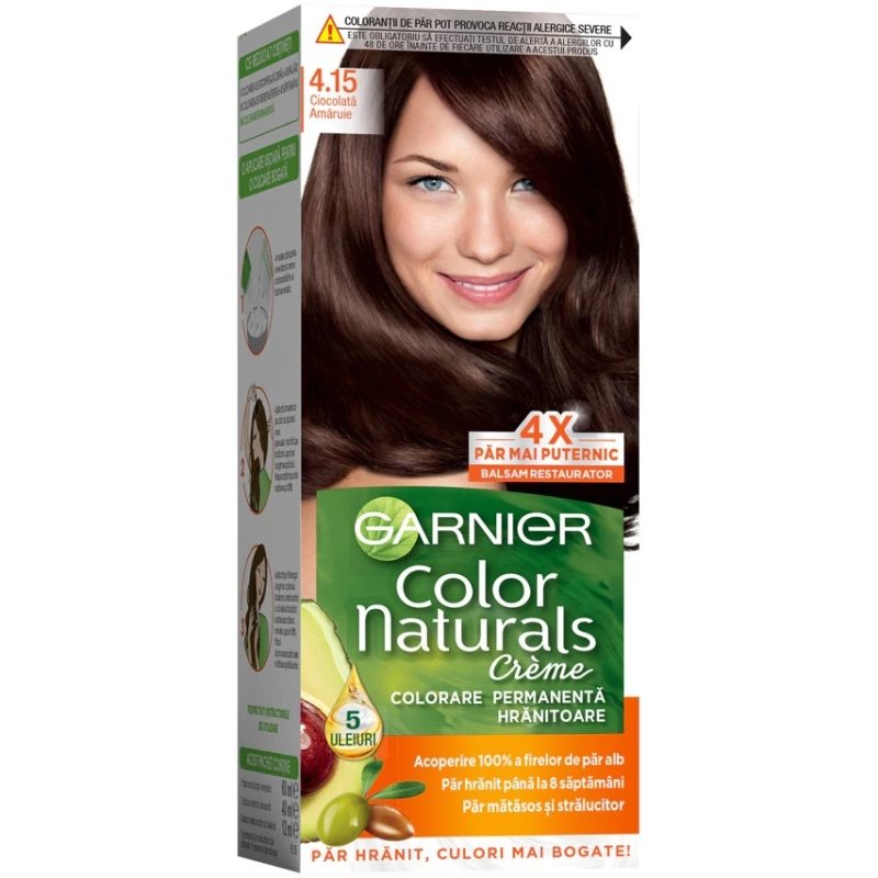 Garnier Color Naturals Vopsea de Par Permanenta, Formula cu 3 Uleiuri Nutritive, Acoperire 100% Fire Albe, Nuanta 4/15 Ciocolata Amaruie