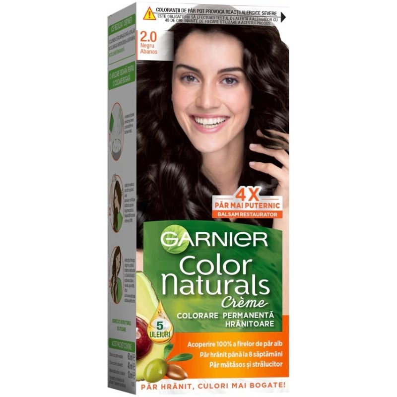 Garnier Color Naturals Vopsea de Par Permanenta, Formula cu 3 Uleiuri Nutritive, Textura Crema, Nuanta 2/0 Negru Abanos