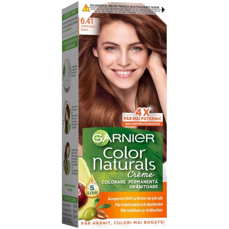 Garnier Color Naturals Vopsea de Par Permanenta, Formula cu 3 Uleiuri Nutritive, Acoperire 100% Fire Albe, Nuanta 6.41 Chihlimbar Dulce
