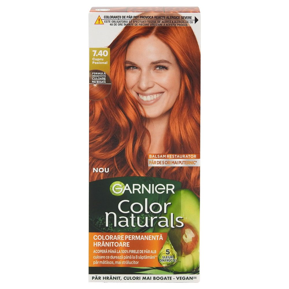 Garnier Color Naturals Vopsea de Par Permanenta, Formula cu 3 Uleiuri Nutritive, Acoperire 100% Fire Albe, Nuanta 7.40 Cupru Pasional