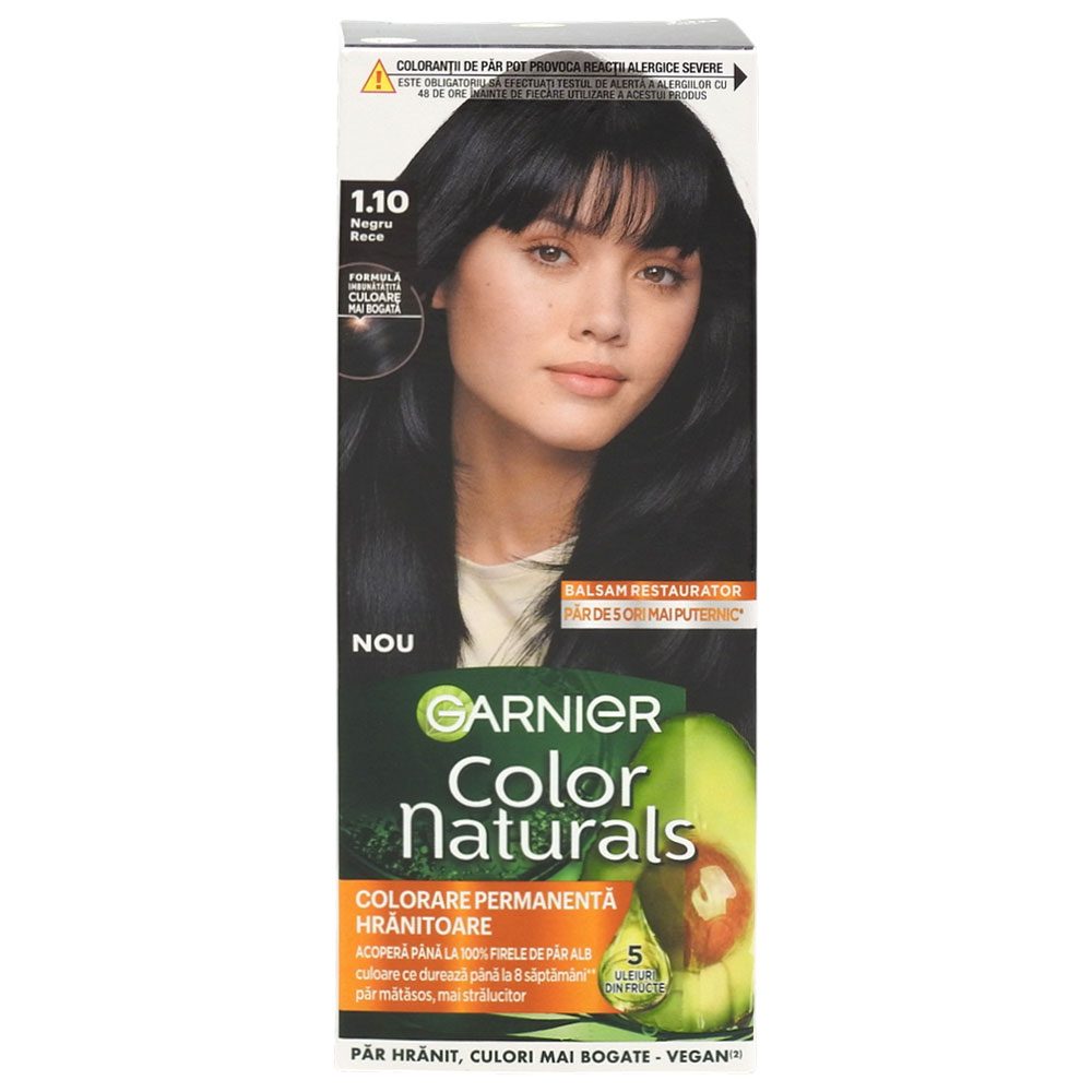 Garnier Color Naturals Vopsea de Par Permanenta, Formula cu 3 Uleiuri Nutritive, Acoperire 100% Fire Albe, Nuanta 1.1 Negru Rece