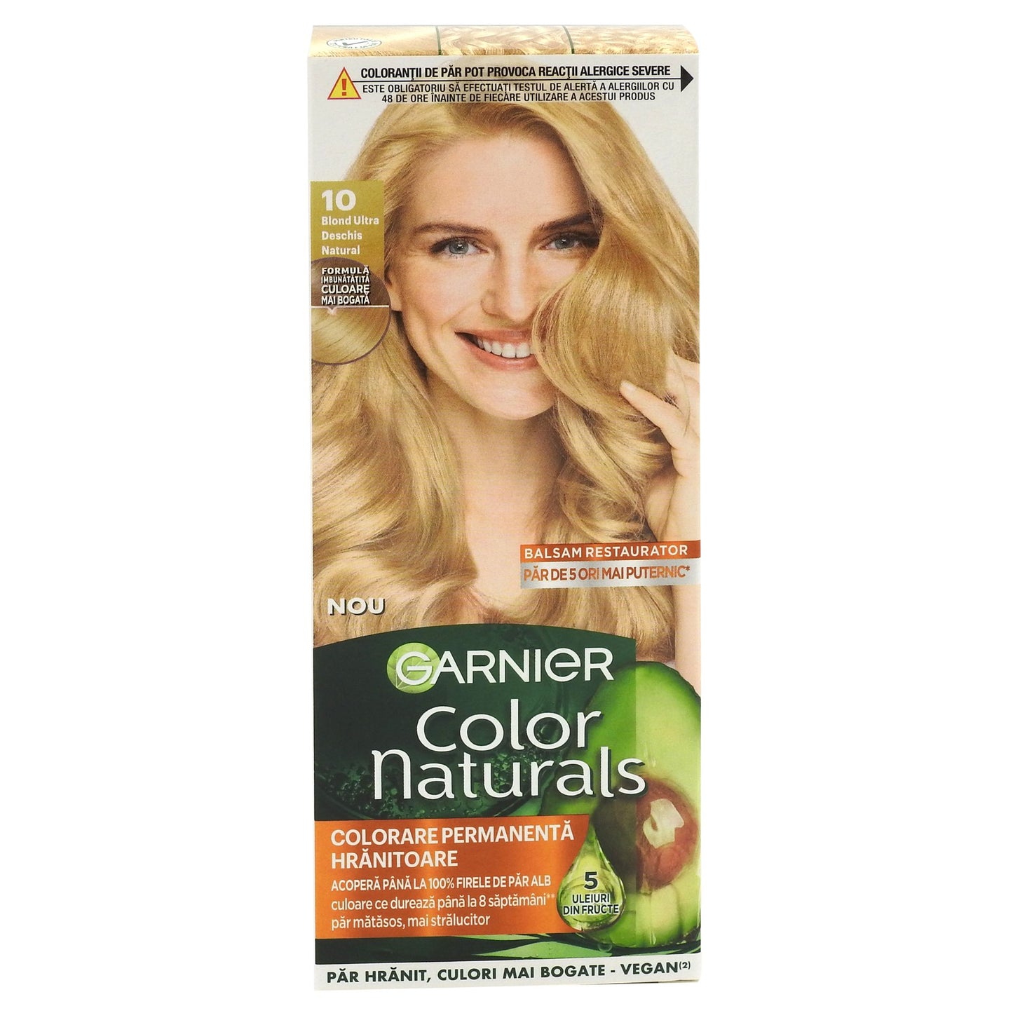 Garnier Color Naturals Vopsea de Par Permanenta, Formula cu 3 Uleiuri Nutritive, Acoperire 100% Fire Albe, 10 Blond Ultra Deschis Natural