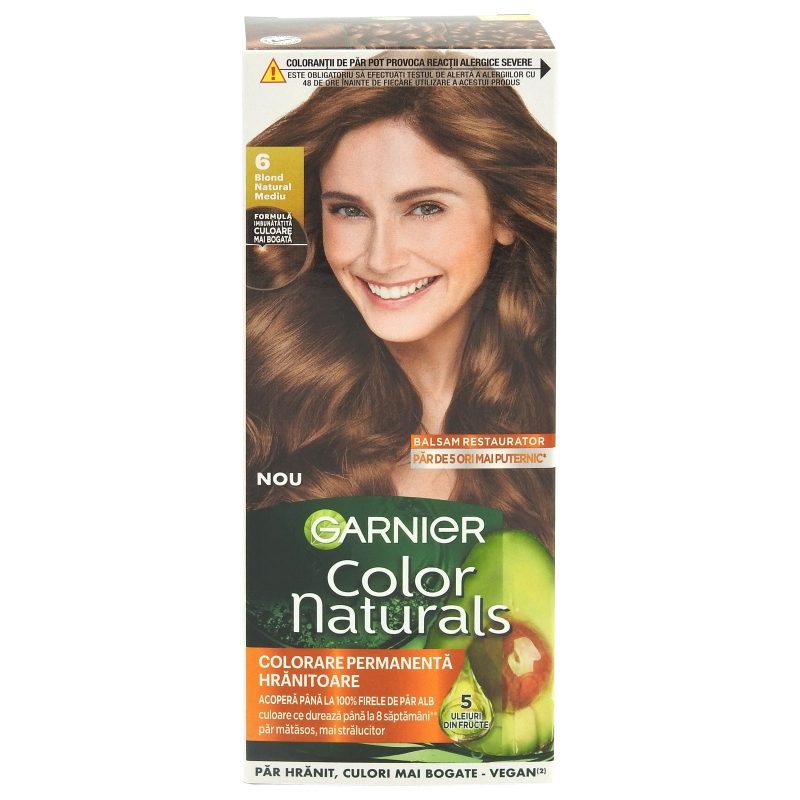 Garnier Color Naturals Vopsea de Par Permanenta, Formula cu 3 Uleiuri Nutritive, Acoperire 100% Fire Albe, Nuanta 6 Blond Natural Mediu