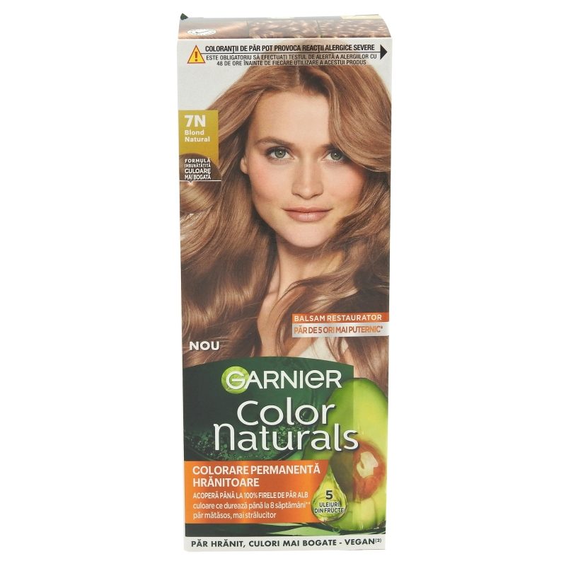 Garnier Color Naturals Vopsea de Par Permanenta, Formula cu 3 Uleiuri Nutritive, Acoperire 100% Fire Albe, 7N Blond Natural