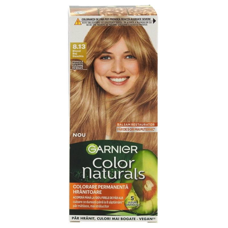 Garnier Color Naturals Vopsea de Par Permanenta, Formula cu 3 Uleiuri Nutritive, Acoperire 100% Fire Albe, 8.13 Blond Bej Deschis
