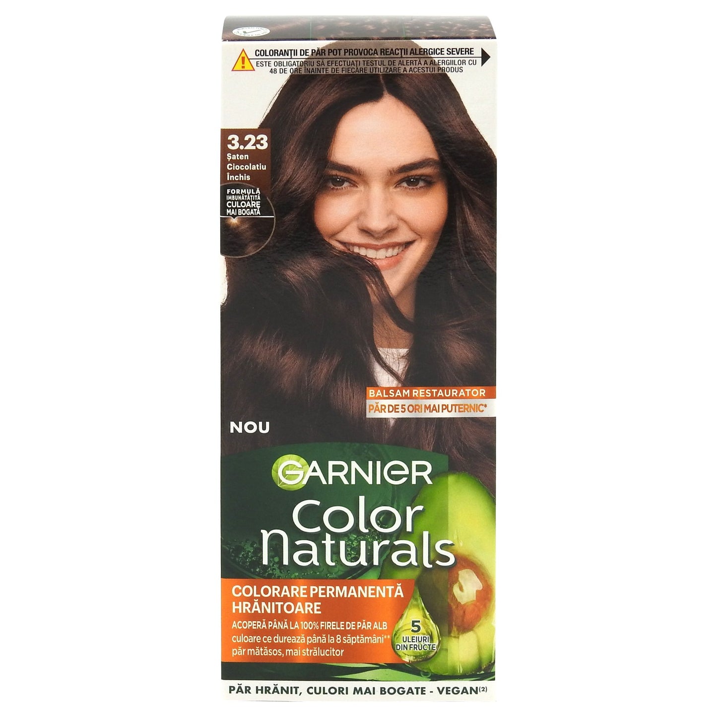 Garnier Color Naturals Vopsea de Par Permanenta, Formula cu 3 Uleiuri Nutritive, Acoperire 100% Fire Albe, 3.23 Saten Ciocolatiu Inchis
