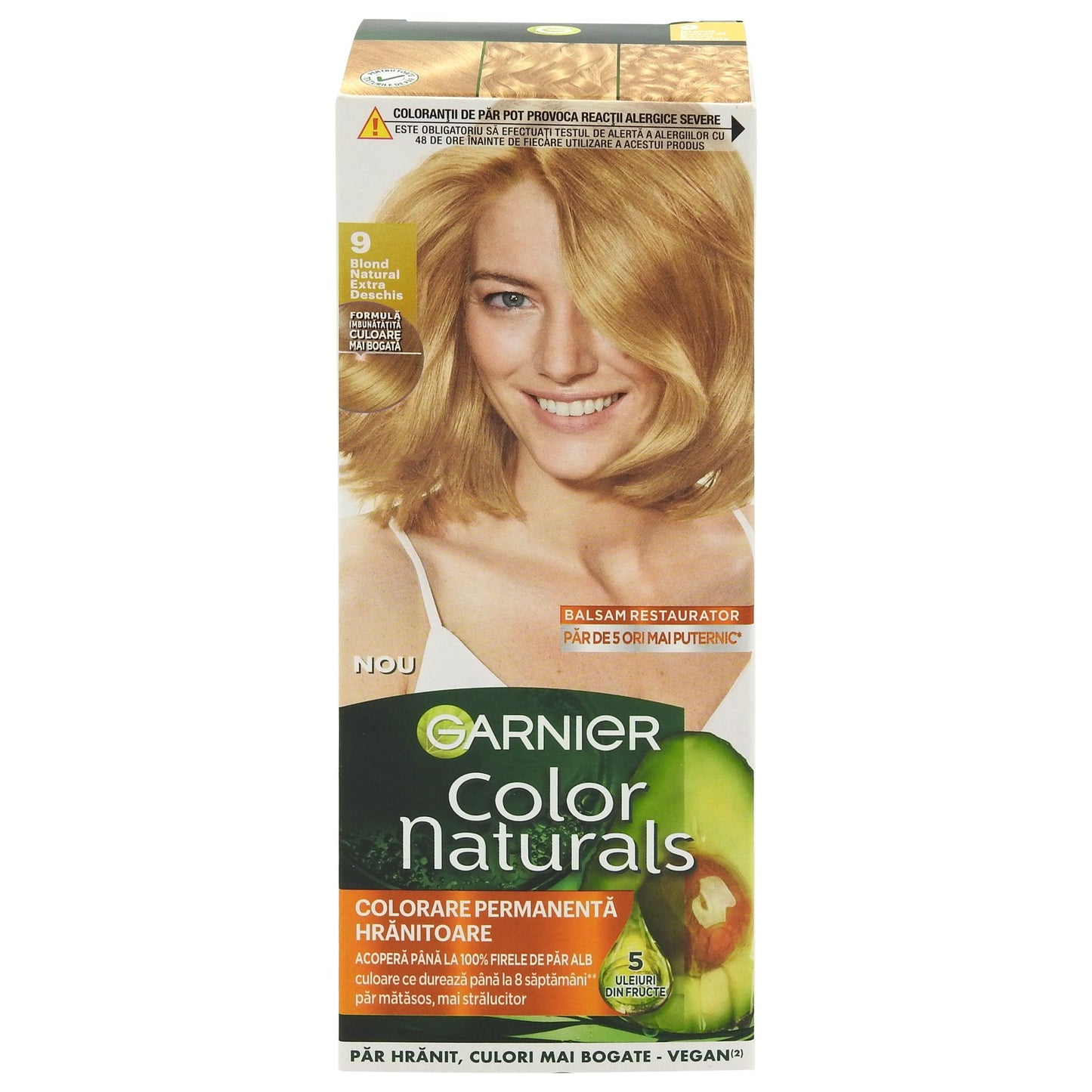 Garnier Color Naturals Vopsea de Par Permanenta, Formula cu 3 Uleiuri Nutritive, Acoperire 100% Fire Albe, Nuanta 9 Blond Natural Extra Deschis