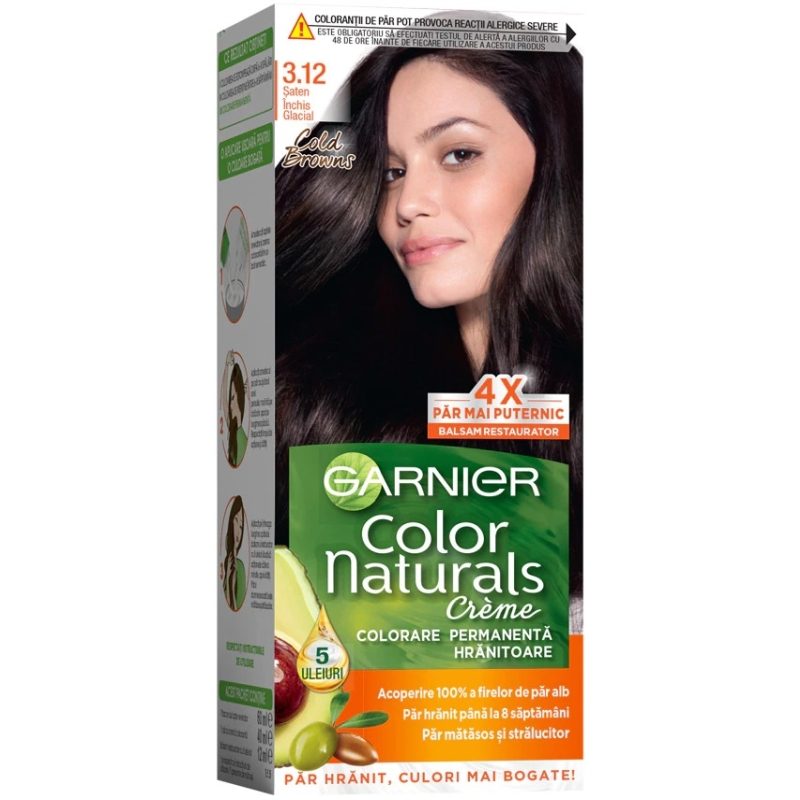 Garnier Color Naturals Vopsea de Par Permanenta, Formula cu 3 Uleiuri Nutritive, Acoperire 100% Fire Albe, Nuanta 3.12 Saten Inchis Glacial