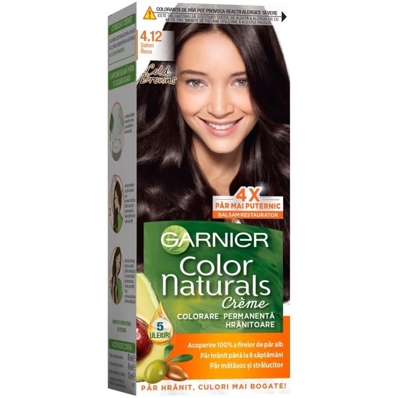 Garnier Color Naturals Vopsea de Par Permanenta, Formula cu 3 Uleiuri Nutritive, Acoperire 100% Fire Albe, Nuanta 4.12 Saten Rece