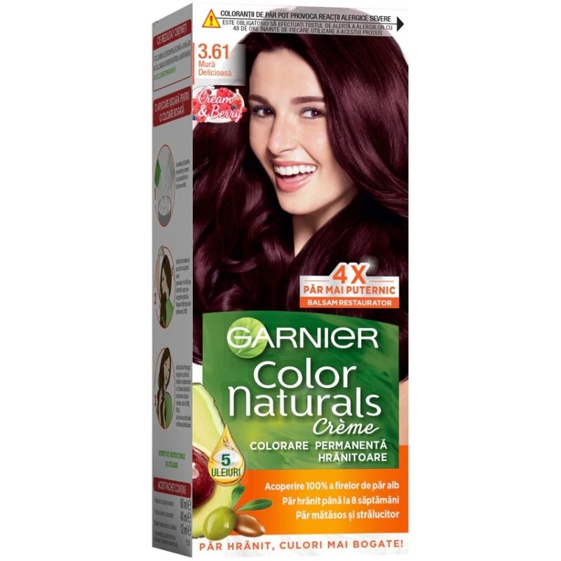 Garnier Color Naturals Vopsea de Par Permanenta, Formula cu 3 Uleiuri Nutritive, Acoperire 100% Fire Albe, 3.61 Mura Delicioasa