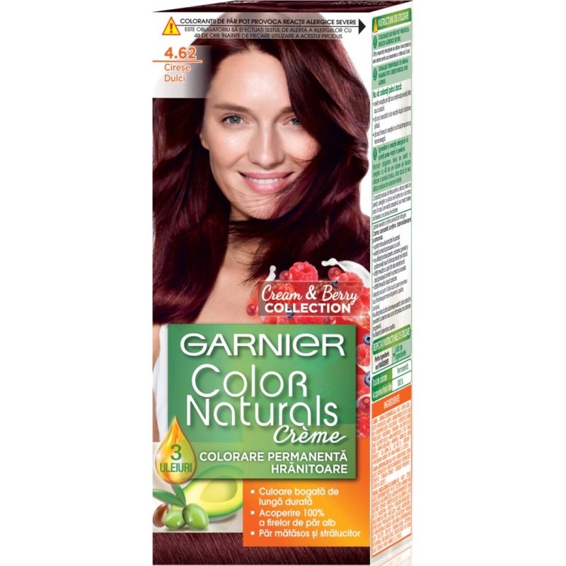 Garnier Color Naturals Vopsea de Par Permanenta, Formula cu 3 Uleiuri Nutritive, Acoperire 100% Fire Albe, Nuanta 4.62 Cirese Dulci