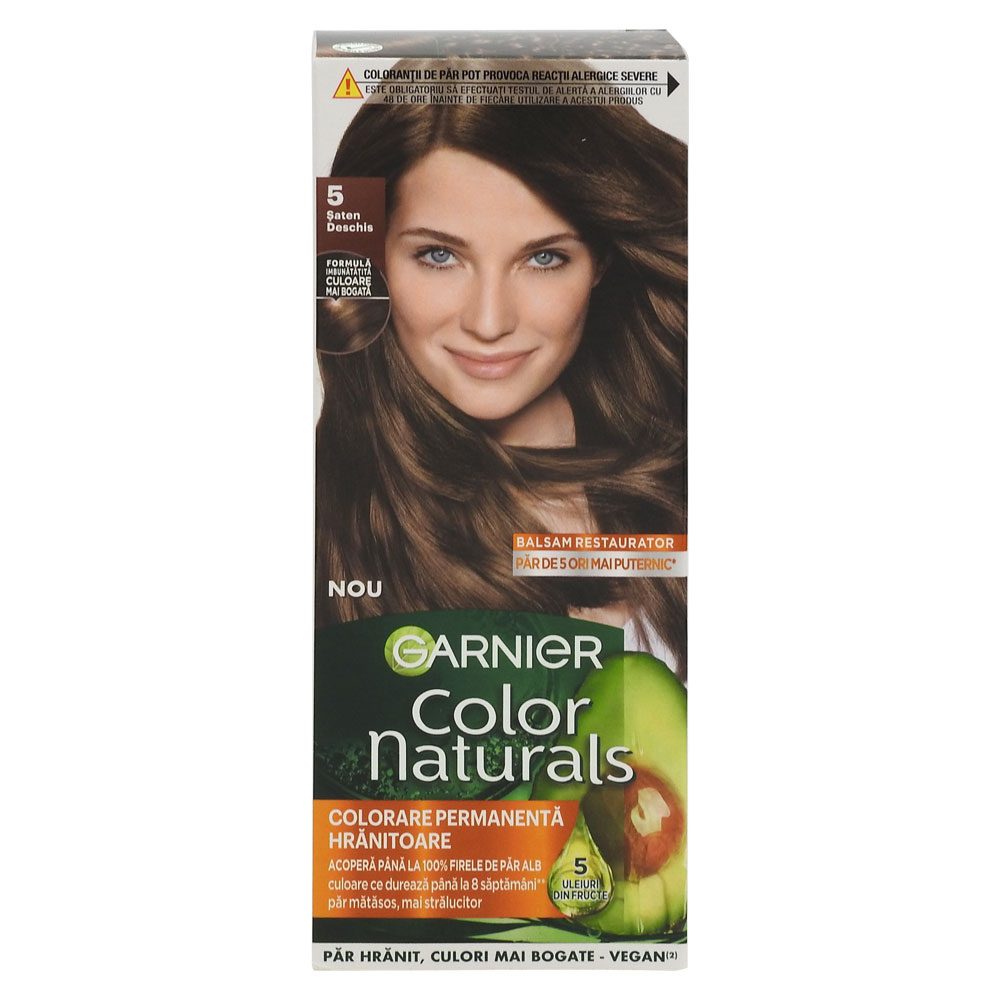 Garnier Color Naturals Vopsea de Par Permanenta, Formula cu 3 Uleiuri Nutritive, Acoperire 100% Fire Albe, Nuanta 5 Saten Deschis